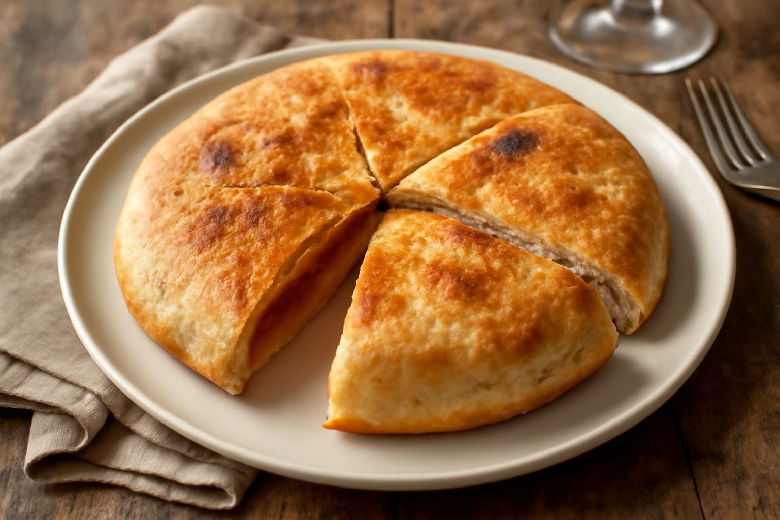 Scaccia calabrese dorata e croccante tagliata in spicchi, con l'interno morbido visibile, origano in evidenza sulla superficie leggermente oleata