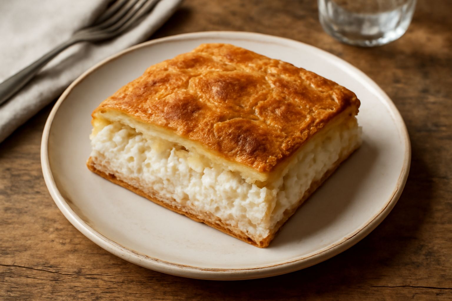 Scaccia co' la ricotta appena sfornata, dal colore dorato uniforme, tagliata a porzioni con ricotta cremosa visibile dal taglio, servita su un piatto bianco con contorno di prezzemolo fresco