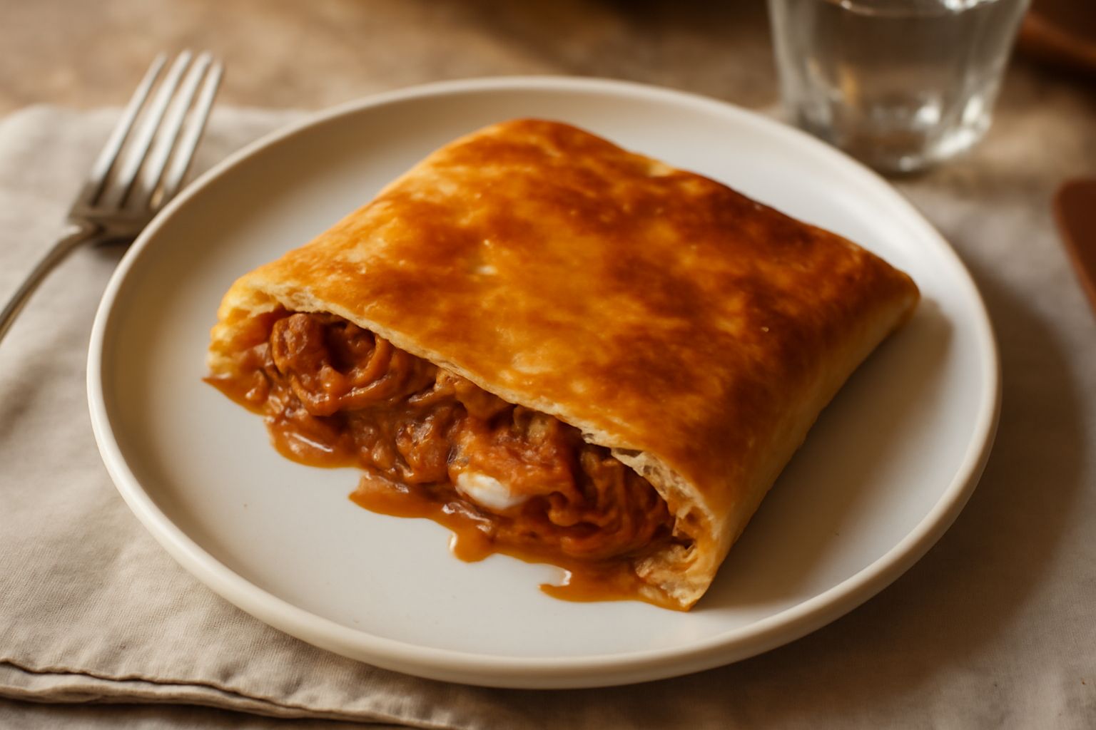 Scaccia con cipolla affettata su un piatto bianco, che mostra i strati di pasta dorata e croccante con il ripieno di cipolla caramellata e formaggio color ambra