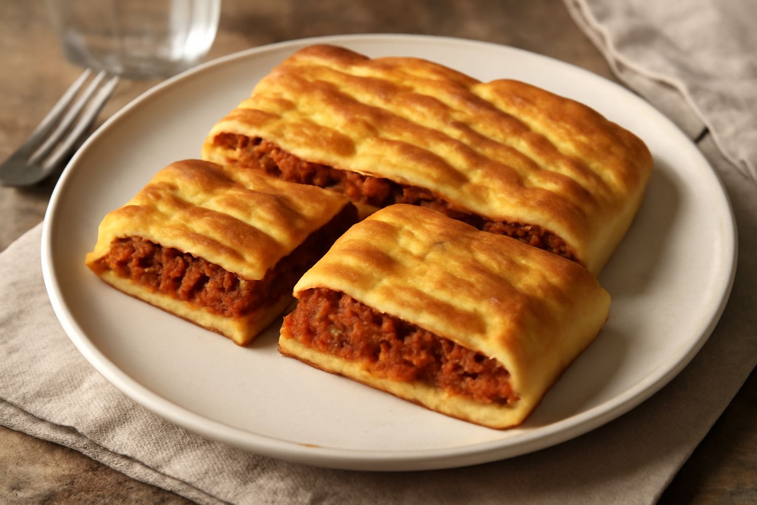 Scaccia dorata appena sfornata con sfoglia croccante, tagliata a fette, che mostra il ragù di carne scuro e omogeneo all'interno, servita su un piatto bianco