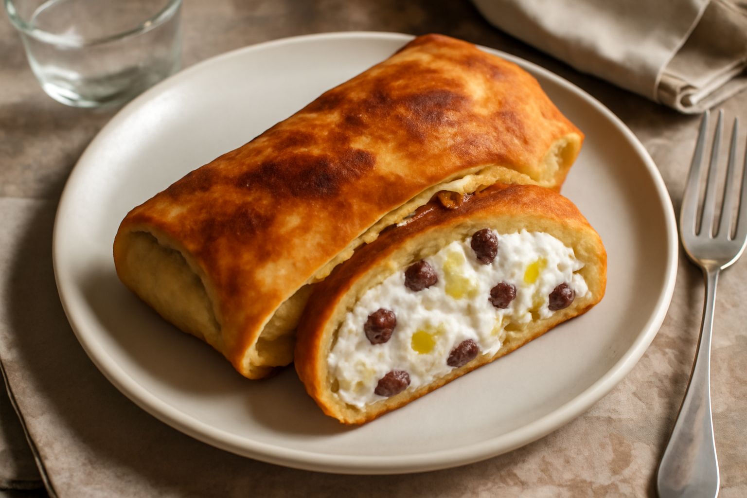Scaccia fritta tagliata a metà su piatto bianco, ripieno di ricotta e uva passa visibile, superficie dorata e croccante, spolverata di zucchero a velo