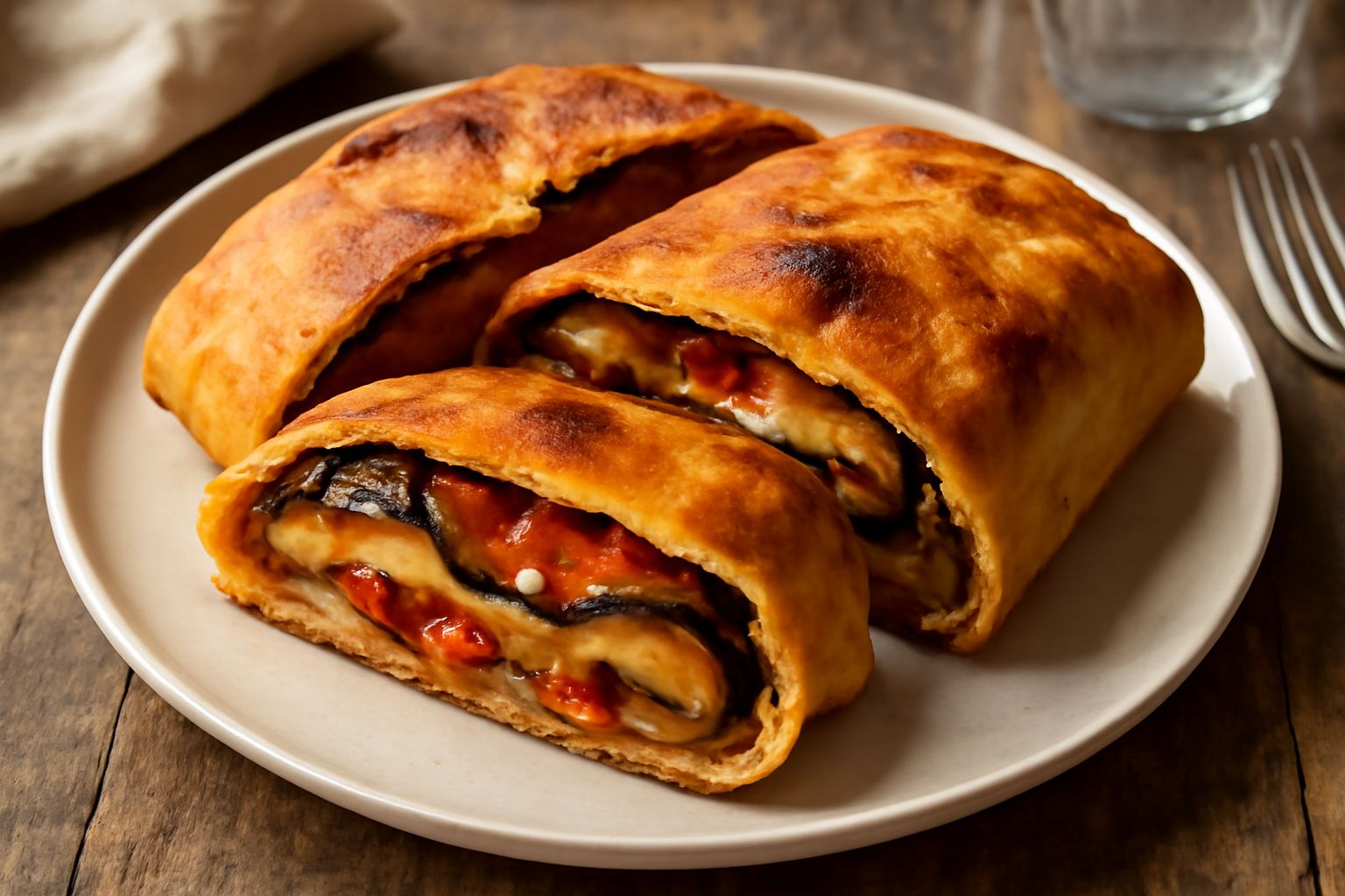 Scaccia al taglio con melanzane, pomodori rossi e formaggio filante, crosta dorata, servita su piatto bianco con piega croccante visibile
