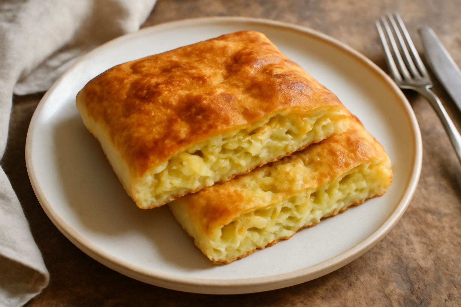 Scaccia di patati tagliata a metà su tavolo di legno, con interno giallo-dorato di patate e formaggio fuso, superficie superiore croccante e dorata, erba fresca di basilico verde accanto
