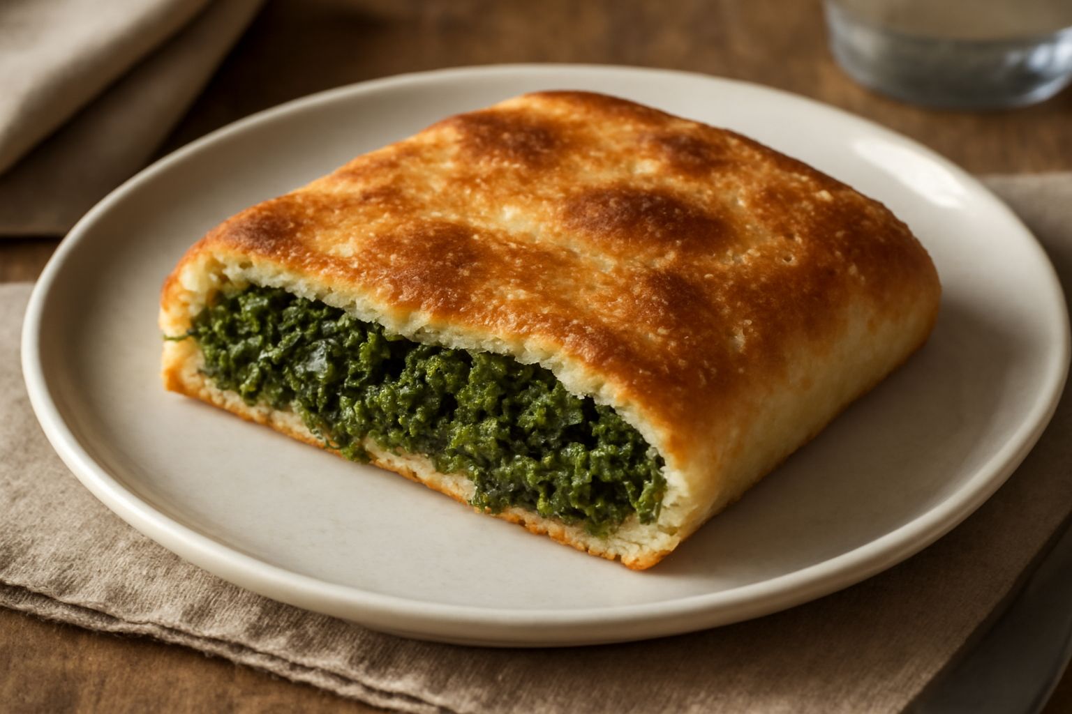 Scaccia modenese appena sfornata, dorata e croccante, tagliata a metà per mostrare il ripieno di verdure selvatiche verde scuro, su un piano di marmo bianco con qualche briciola di pane
