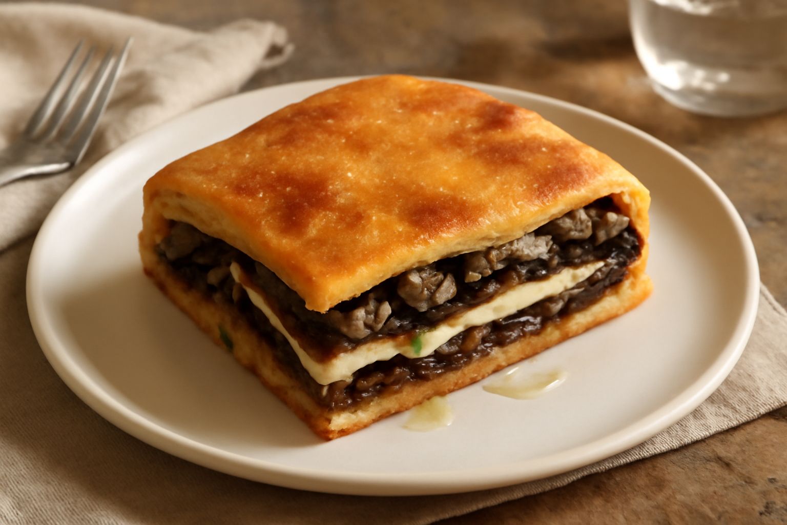 Scaccia ragusana tagliata a fette, con interno variegato di verdure grigie e nere alternate a strati di pasta dorata, disposta su un piatto bianco con olio extravergine in piccola ciotola