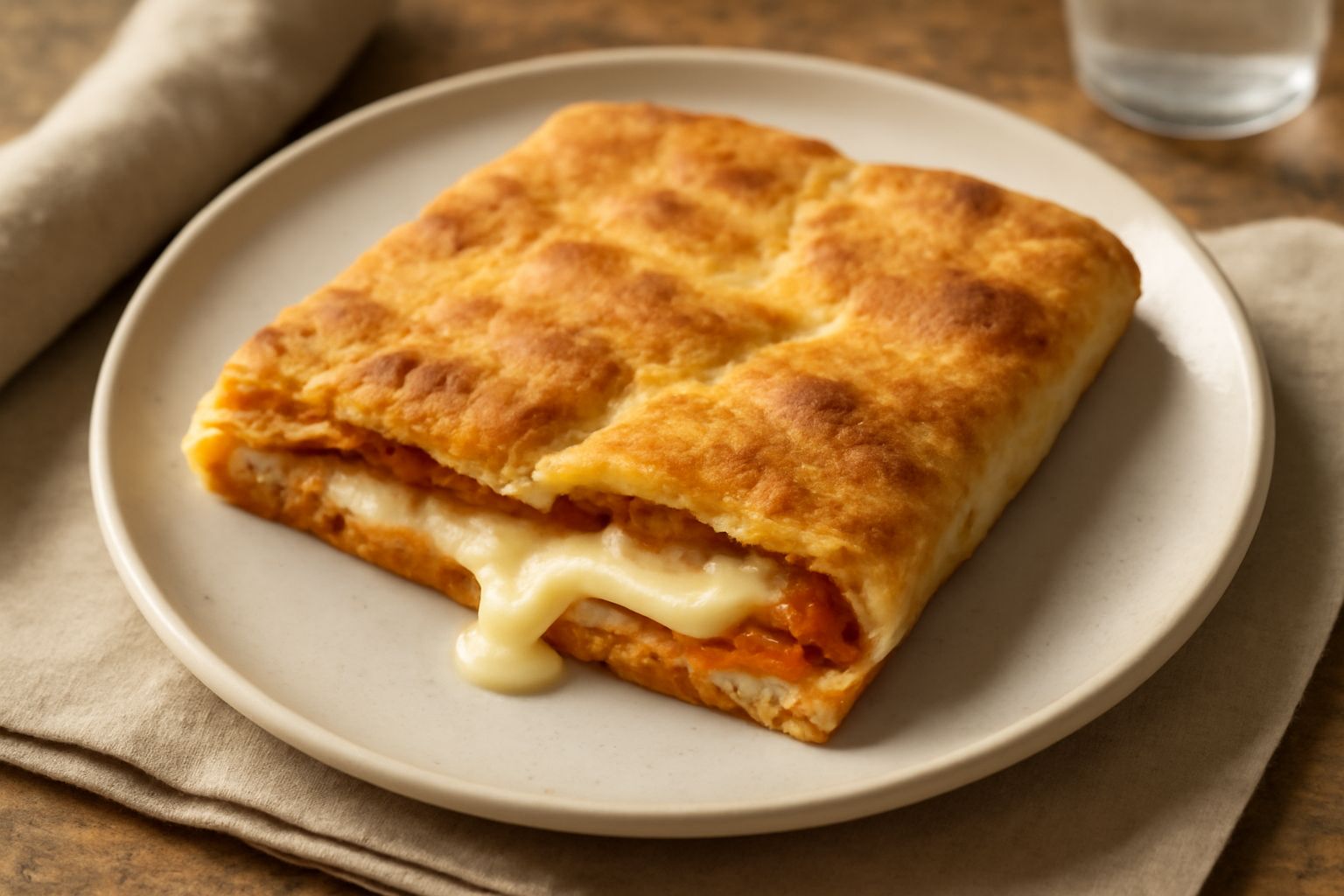 Scaccia siciliana appena sfornata, dorata e croccante, tagliata a metà per mostrare il ripieno di formaggio filante e verdure, su un tavolo di legno con vapore ancora caldo