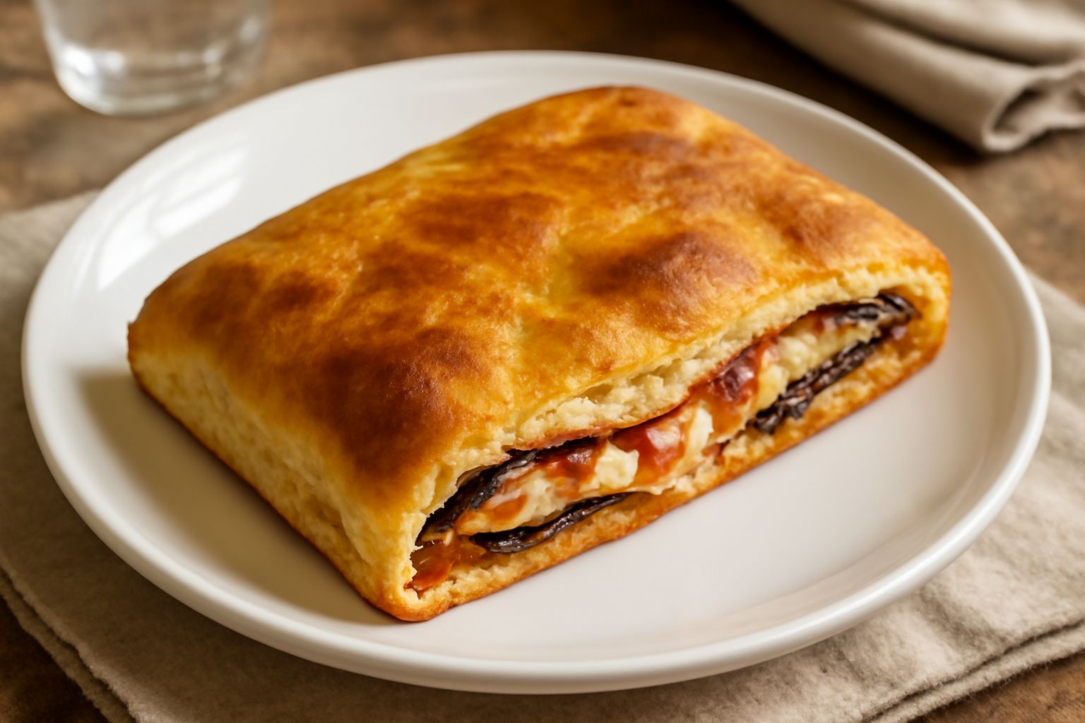 Scaccia squacu tagliata a fette, con crosta dorata e ripieno di melanzane violacee, cipolla bianca e formaggio filante color crema, servita su piatto bianco