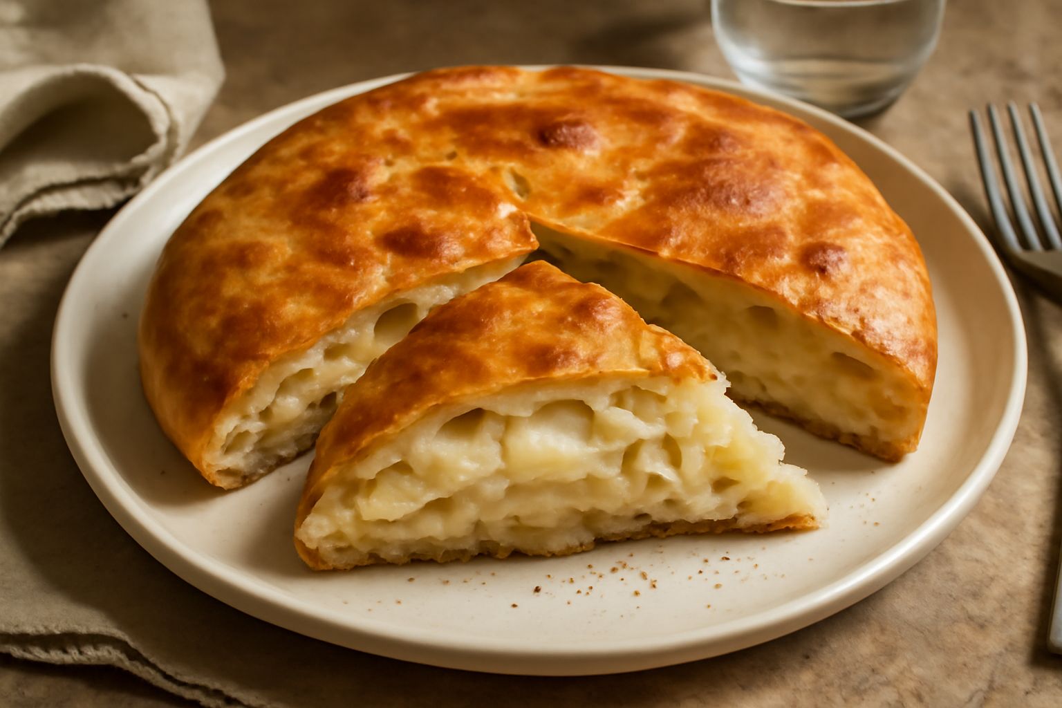 Scacciata tagliata a fette mostrando gli strati di cipolla bianca e formaggio fuso dentro, con crosta dorata e croccante, servita su un piatto bianco