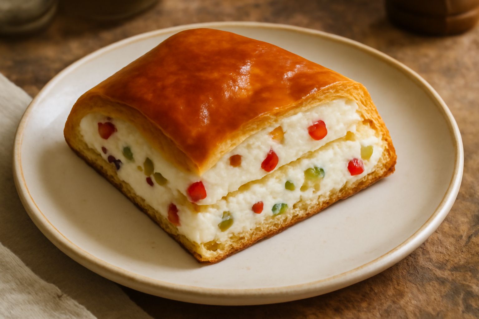 Scacciata di ricotta intera tagliata a fette su un piatto bianco, superficie glassata e dorata, ripieno cremoso di ricotta visibile dal taglio, canditi rossi e verdi sparsi in superficie