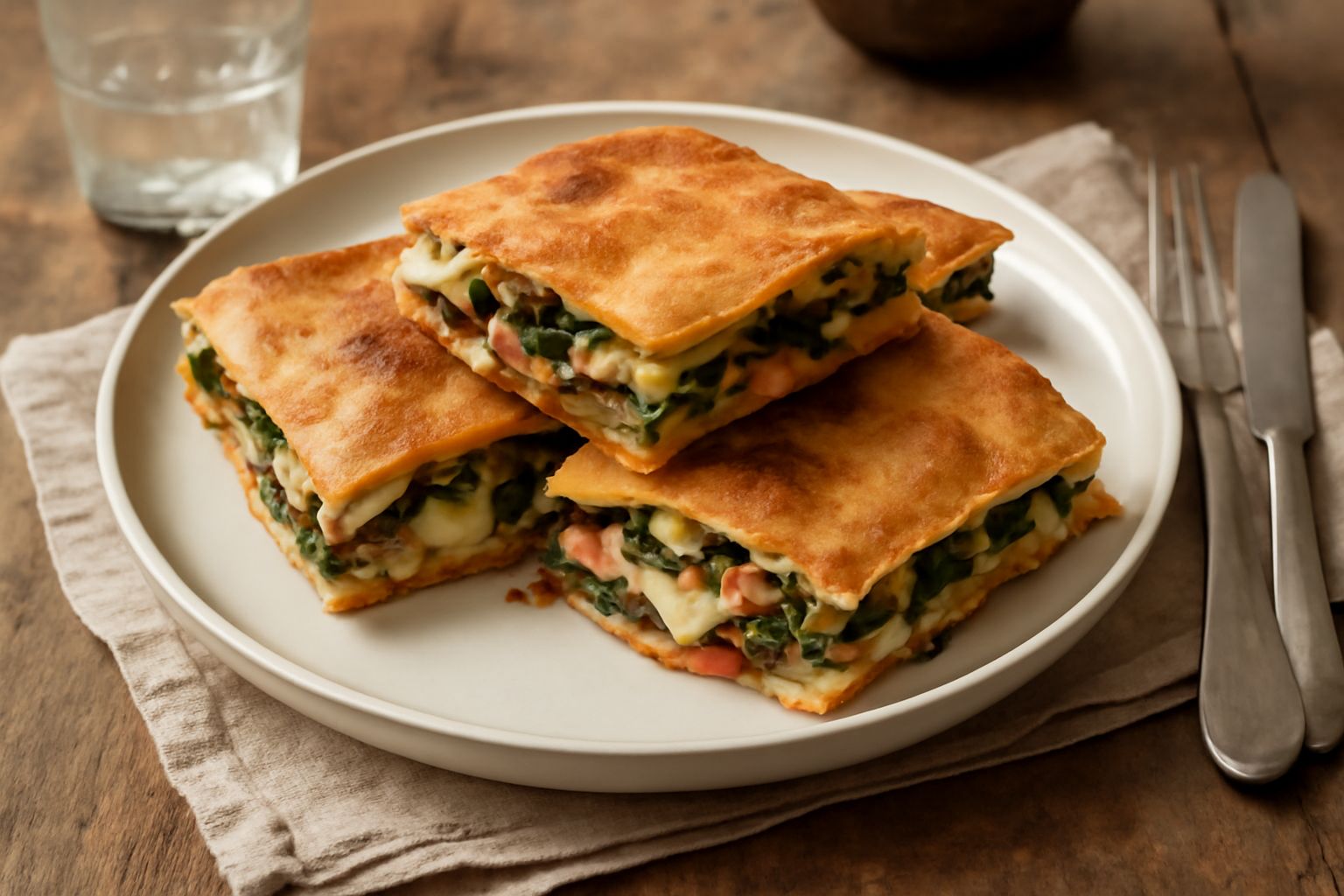 Scacciata reggina appena sfornata, dorata e croccante, tagliata a fette quadrate, con visibili strati di pasta sfoglia e ripieno di verdure, formaggio e salumi, servita su un piatto bianco