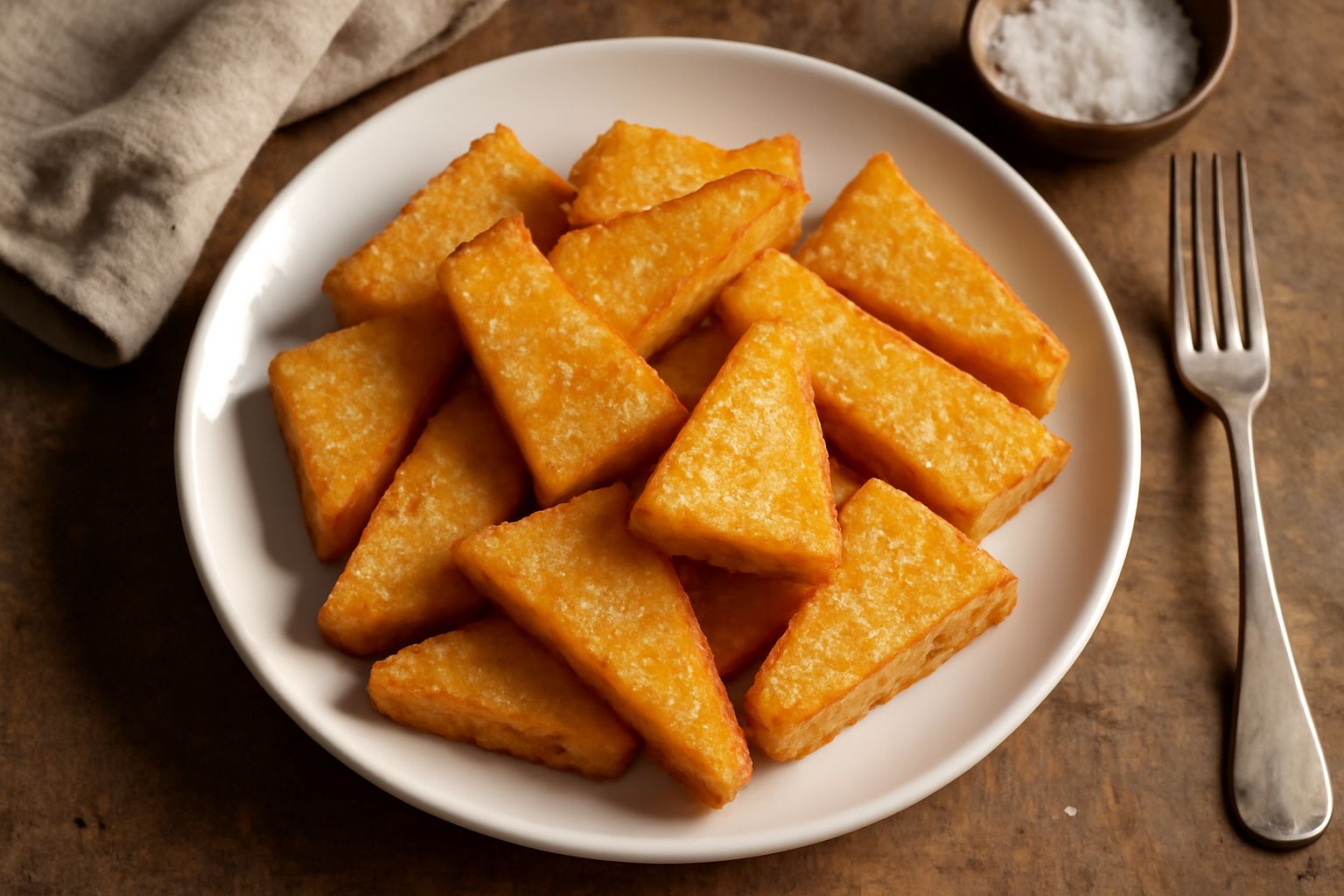 Scagliozzi di polenta dorati e croccanti appena fritti in una padella di ferro, con bordi bruniti, su un piatto bianco.