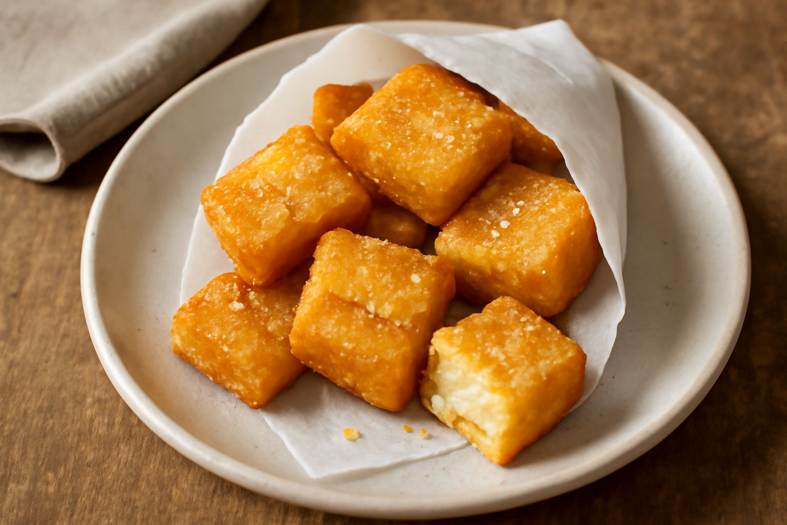 Pezzi dorati e croccanti di scagliuozz disposti in carta bianca, conditi con aceto e pepe nero, con una texture fritta e croccante visibile sulla superficie