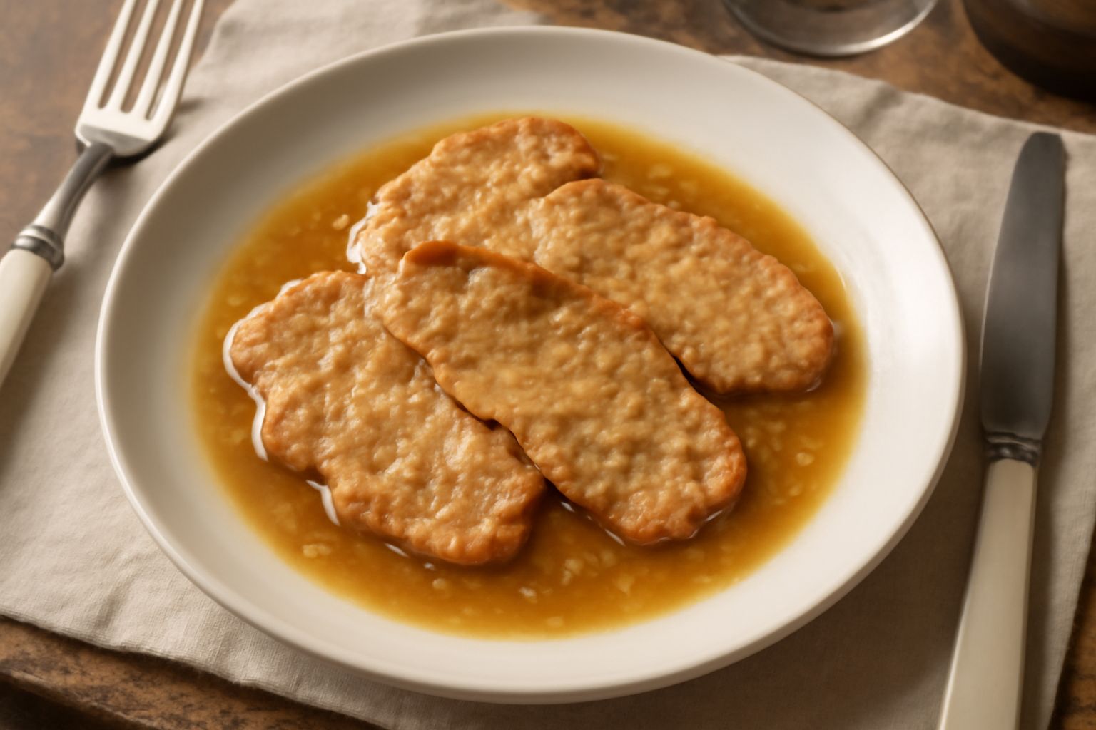 Tre scaloppe di vitello dorate in un piatto bianco, coperte da una salsa color ambra trasparente con riflessi dorati, accompagnate da spicchi di limone fresco e prezzemolo verde.