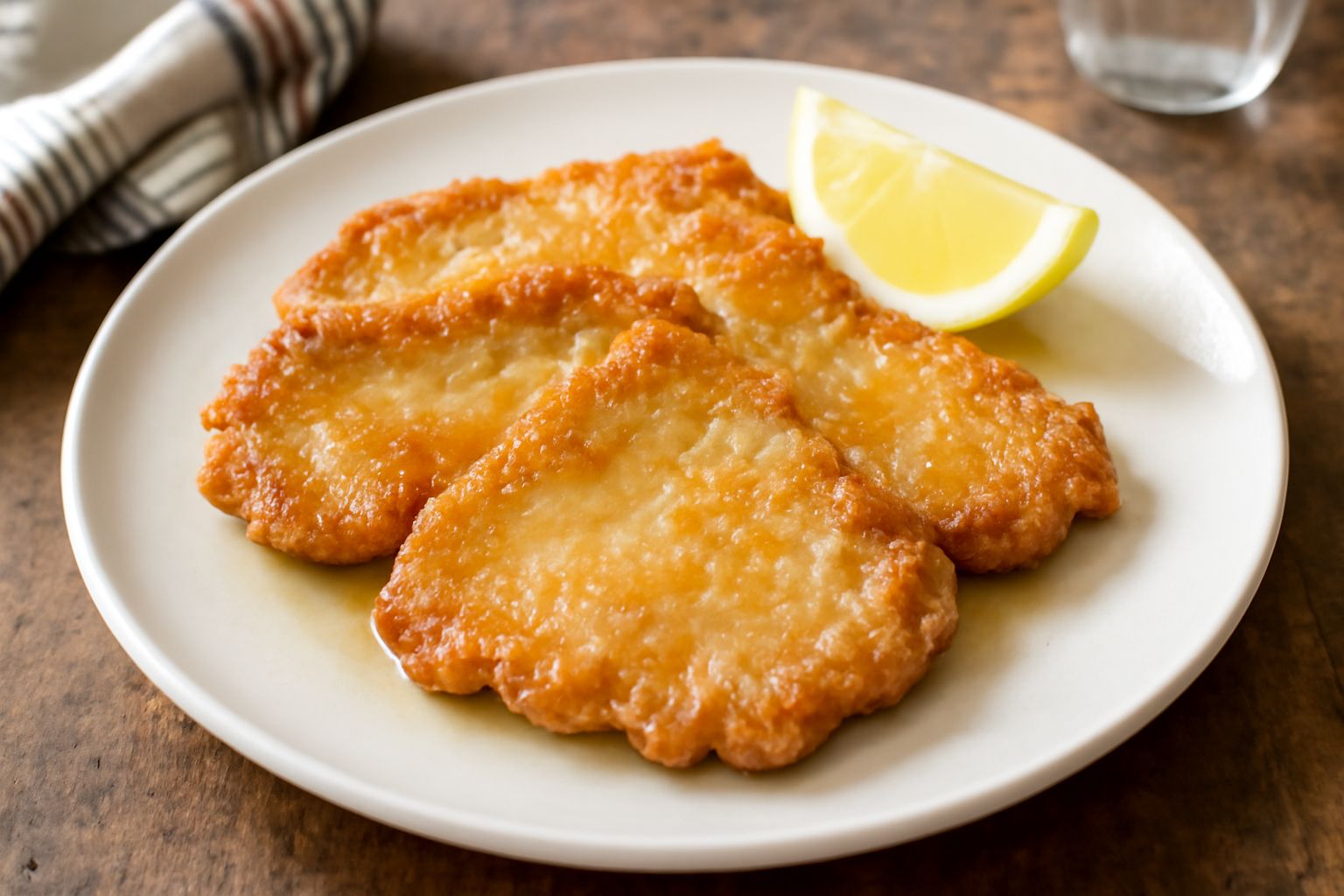 Tre scaloppine dorate e croccanti in un piatto bianco, spruzzate di limone fresco, contornate da insalata verde e limone tagliato a spicchi