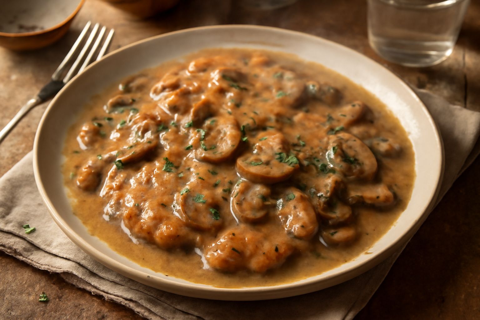 Piatto bianco con tre scaloppine coperte di salsa ai funghi grigio-marrone, funghi porcini visibili, prezzemolo fresco verde in cima, contorno di riso bianco fumante