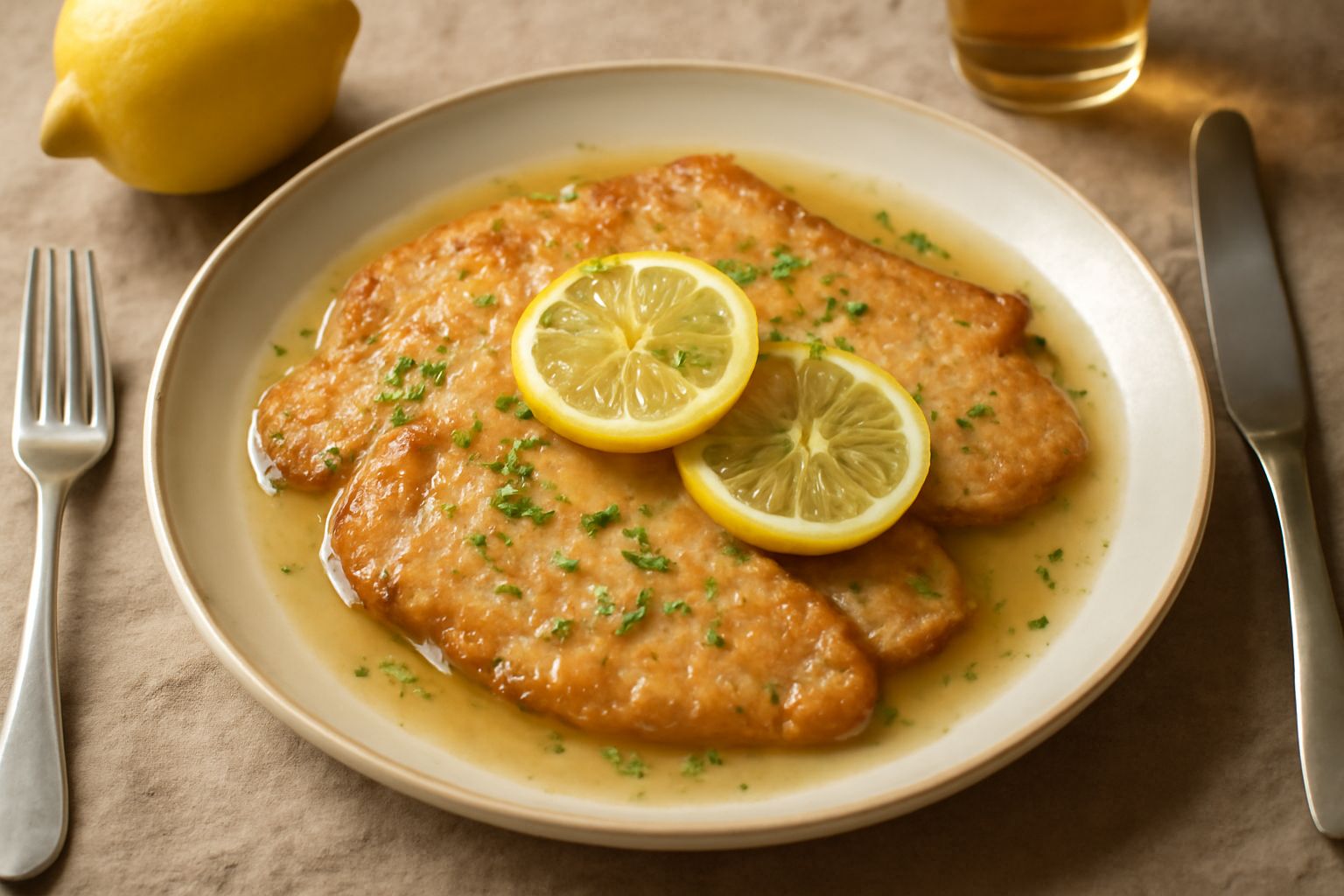 Quattro scaloppine dorate in padella, bagnate da un sugo giallo-trasparente di limone e burro, contornate da prezzemolo fresco e spicchi di limone di contorno, su piatto bianco