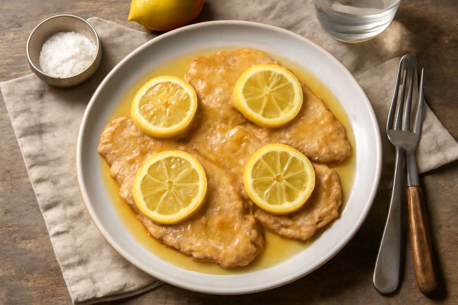 Scaloppine dorate in padella antiaderente con rosmarino e fetta di limone, olio d'oliva che luccica, piatto bianco sullo sfondo sfocato