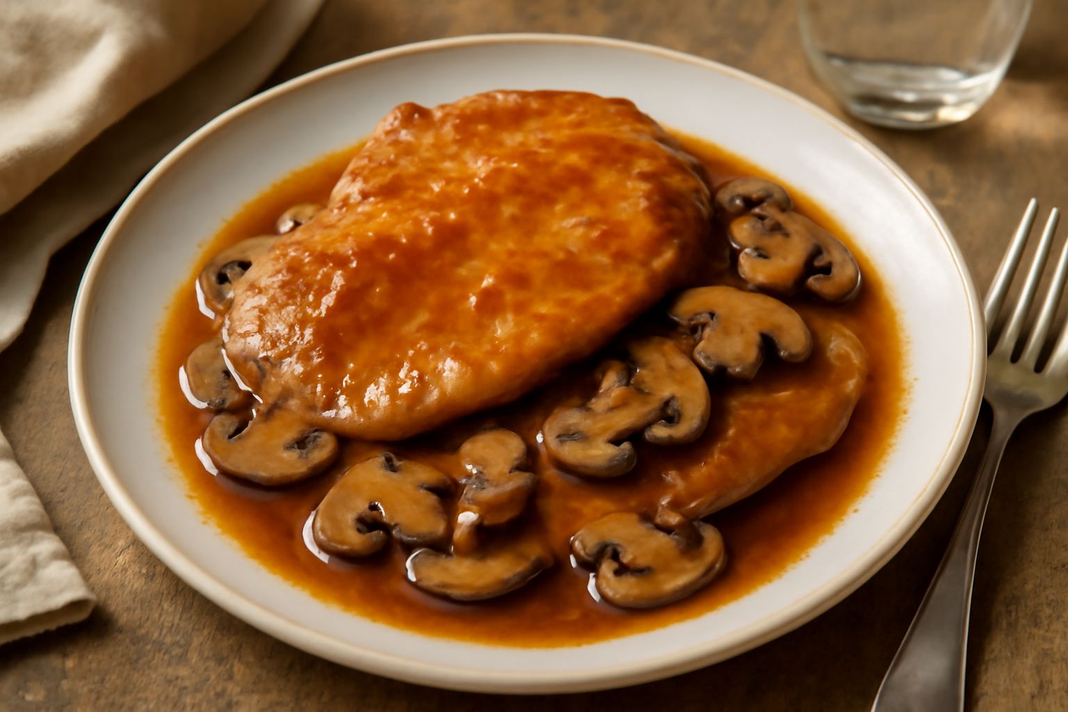 Tre scaloppine dorate su piatto bianco, ricoperte da salsa marrone cremosa al marsala, con funghi champignon sfettati intorno e prezzemolo fresco come guarnizione