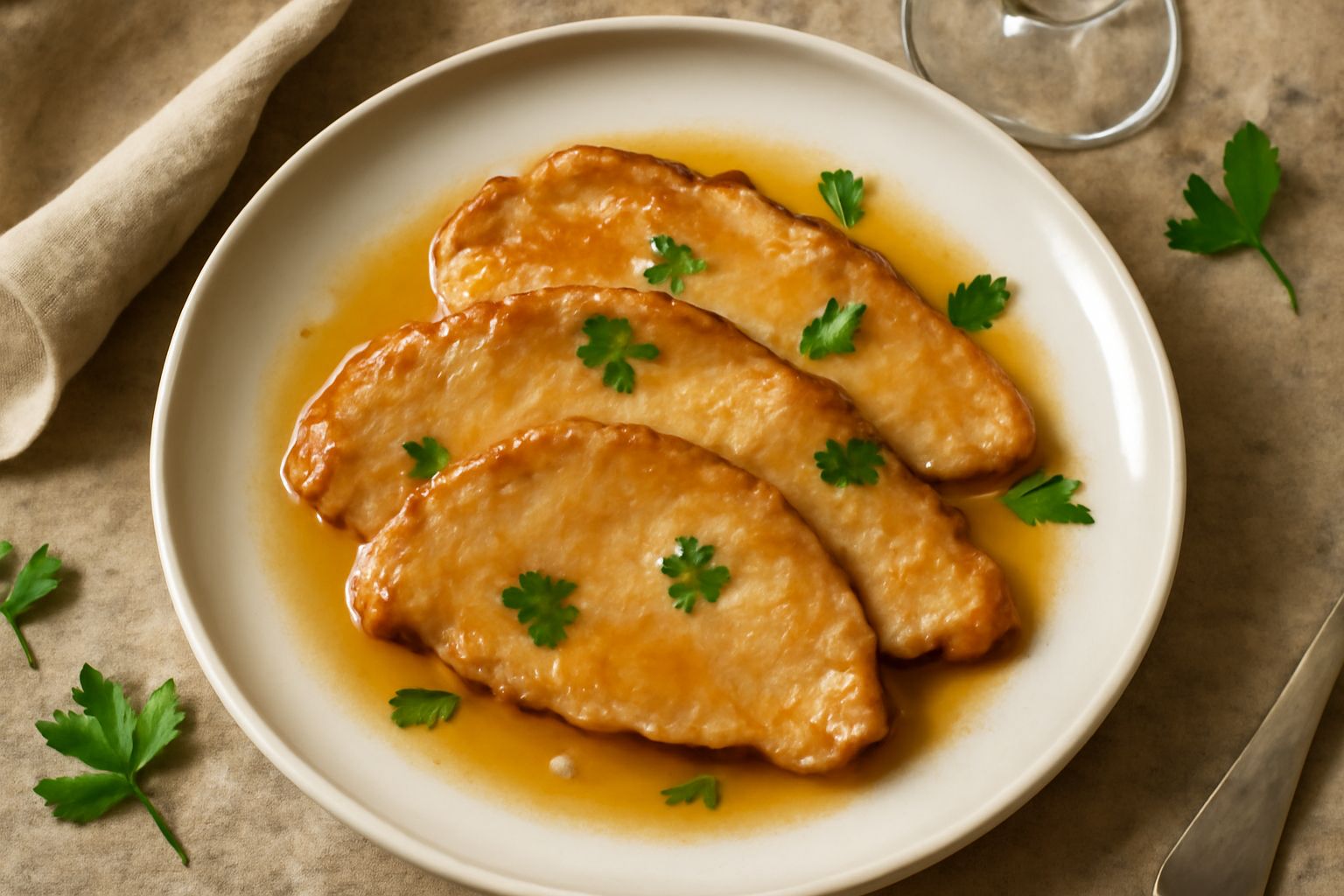 Tre scaloppine dorate in un piatto bianco, coperte da salsa color ambra con ciuffi di prezzemolo fresco verde. A fianco, una fetta di limone giallo. Il fondo è scuro, sfocato.