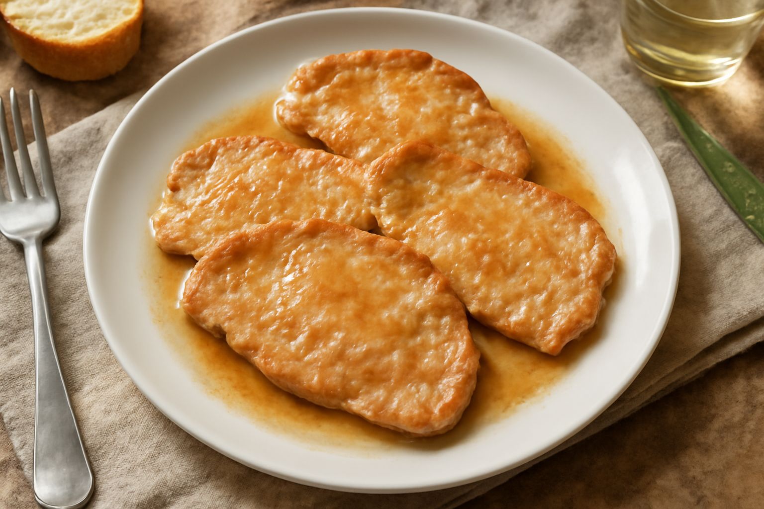 Tre scaloppine di maiale dorate in padella, leggermente bombate, circondate da un leggero sugo di burro e limone, guarnite con prezzemolo fresco e fette di limone su un piatto bianco