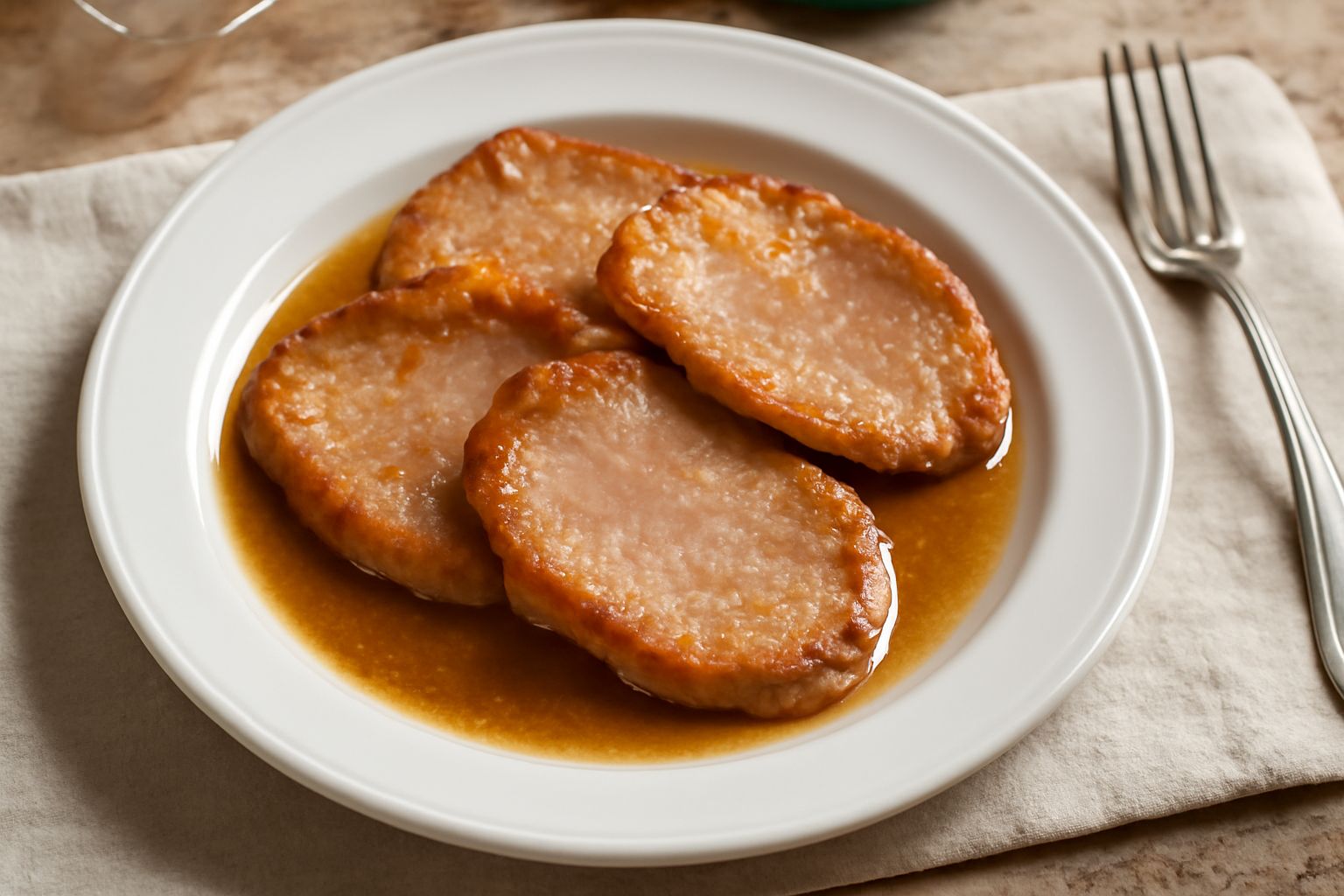 Tre scaloppine dorate in una padella antiaderente con limone affettato, prezzemolo fresco e un filo di burro ancora caldo