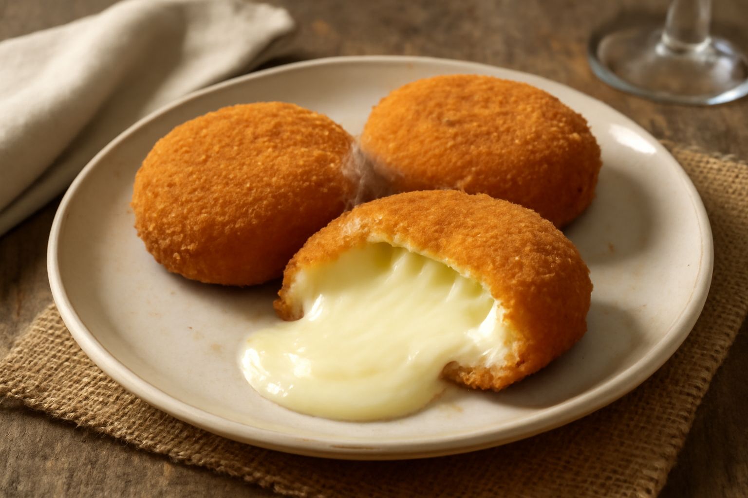 Scamorze affumicate fritte dorate su un piatto bianco, tagliate a metà per mostrare l'interno filante e fumante, guarnite con una foglia di prezzemolo fresco