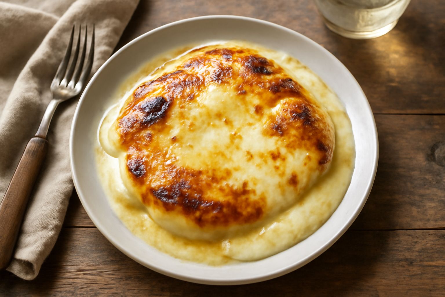 Scamorza affumicata croccante in padella di ferro scuro, tagliata a metà e ancora fumante, con pomodoro fresco accanto e un filo di olio d'oliva