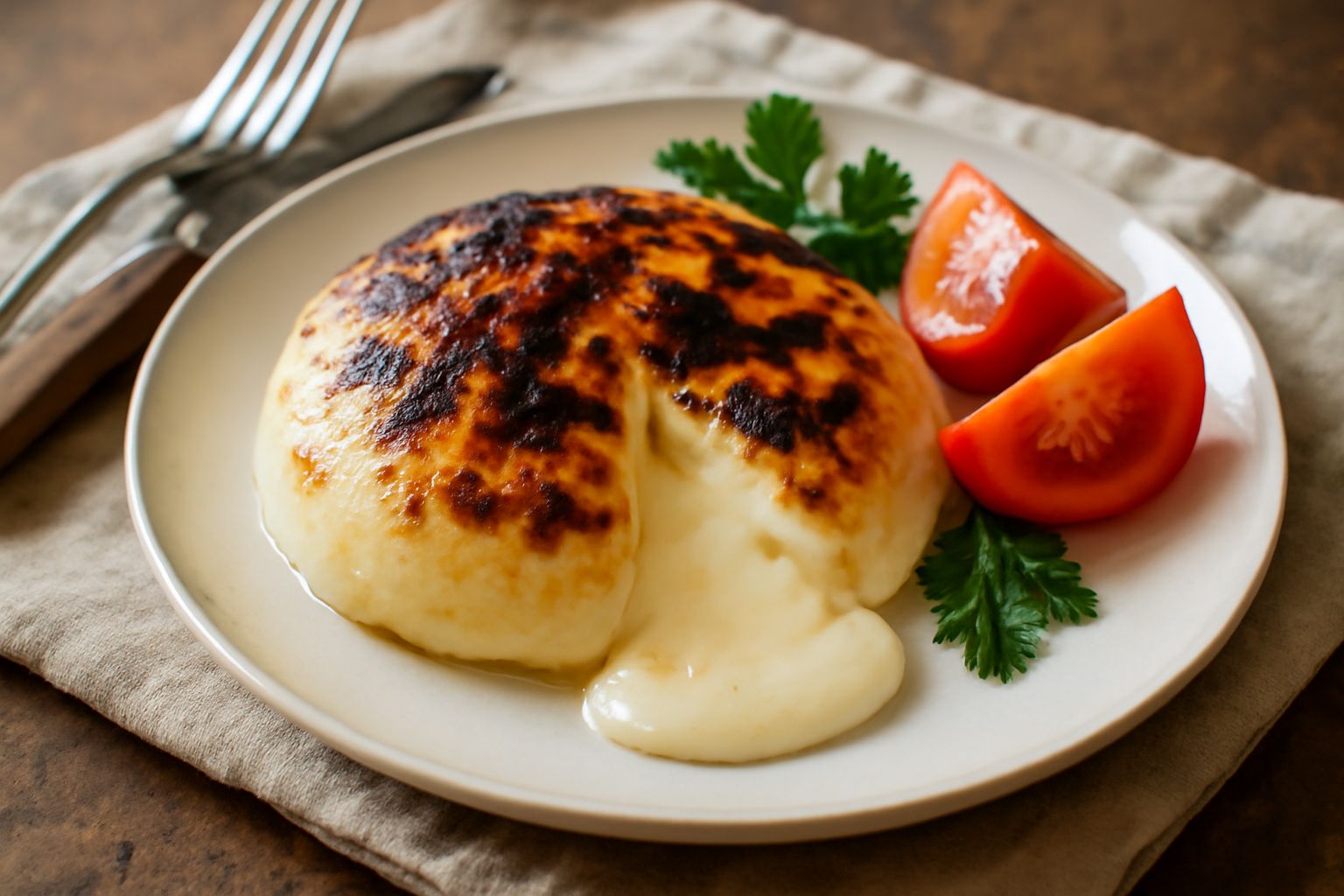 Scamorza dorata e affumicata appena tolta dalla brace, con una leggera crosta nera, posta su un piatto bianco con limone fresco a spicchi e prezzemolo tritato