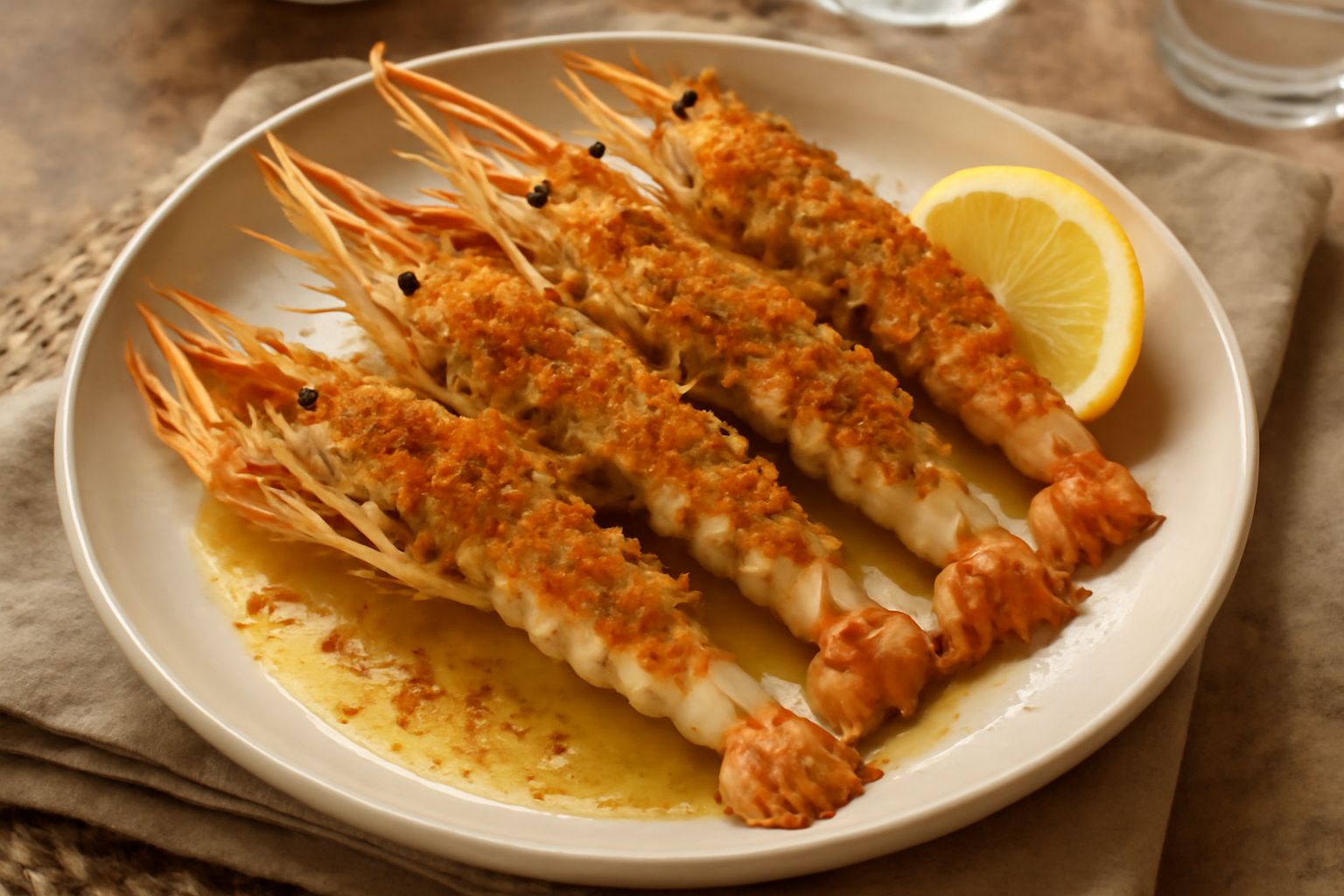 Scampi al forno dorati e croccanti in una teglia bianca, coda spellata sollevata, pangrattato color nocciola, limone fresco a fette accanto, insalata verde leggera di contorno
