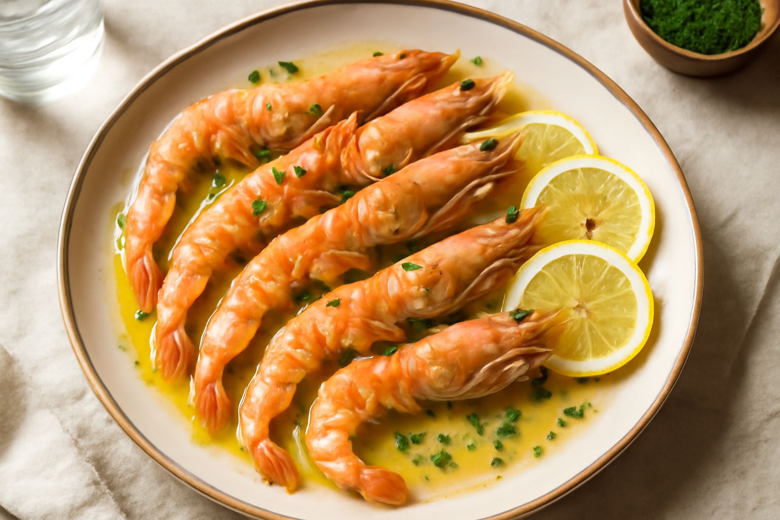 Piatto bianco con scampi rossi e bianchi, lucidi di burro, con fettine di limone giallo e prezzemolo verde fresco sparso sopra, contorno di limone tagliato a spicchi