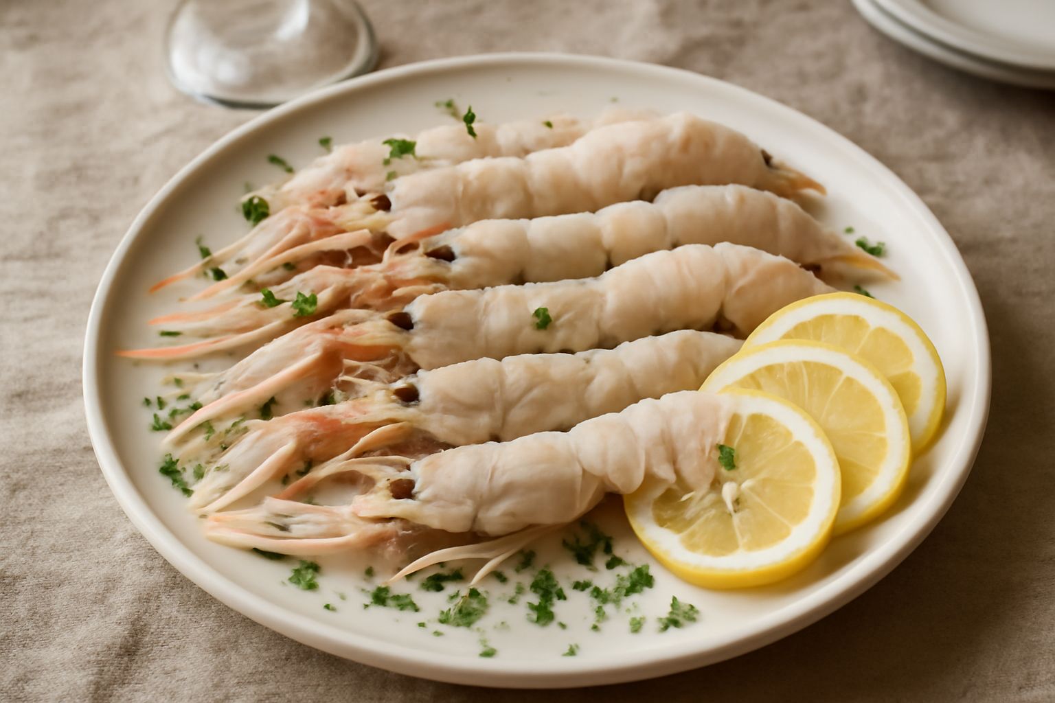 Quattro scampi rossi cotti disposti su un piatto bianco con fette di limone, prezzemolo fresco e una leggera patina di umidità della cottura al vapore