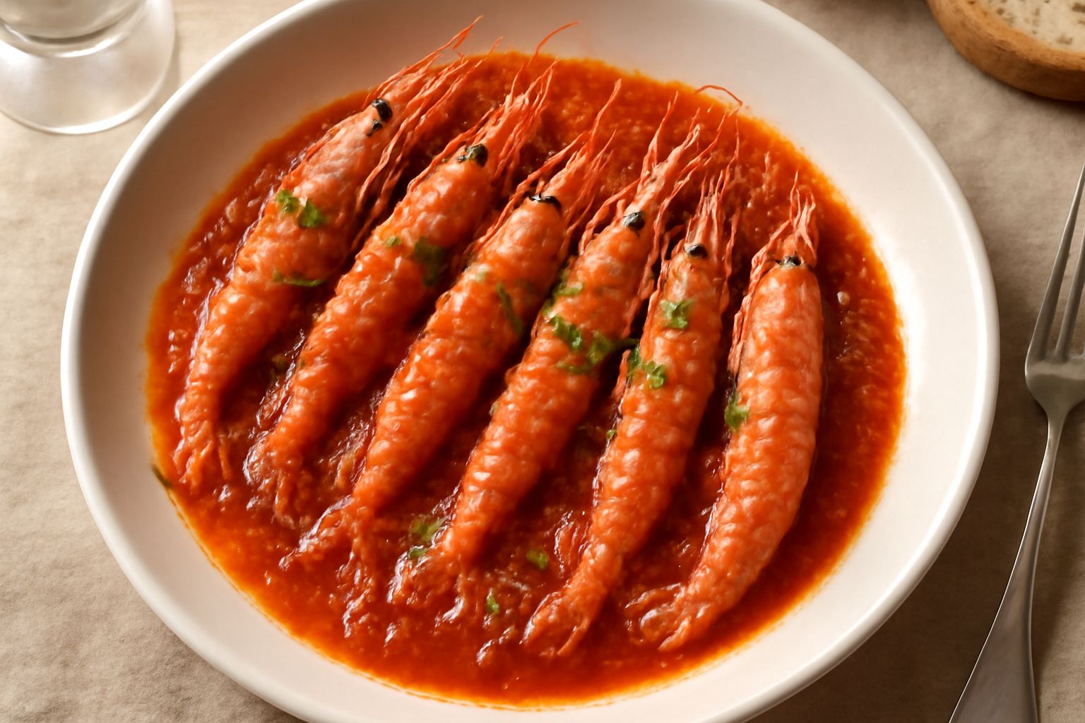 Scampi interi rossi e bianchi in una salsa rossa di pomodoro, adagiati in un piatto fondo di ceramica bianca, con prezzemolo fresco tritato, cipolla tonda d'oro e spicchi di limone giallo intorno