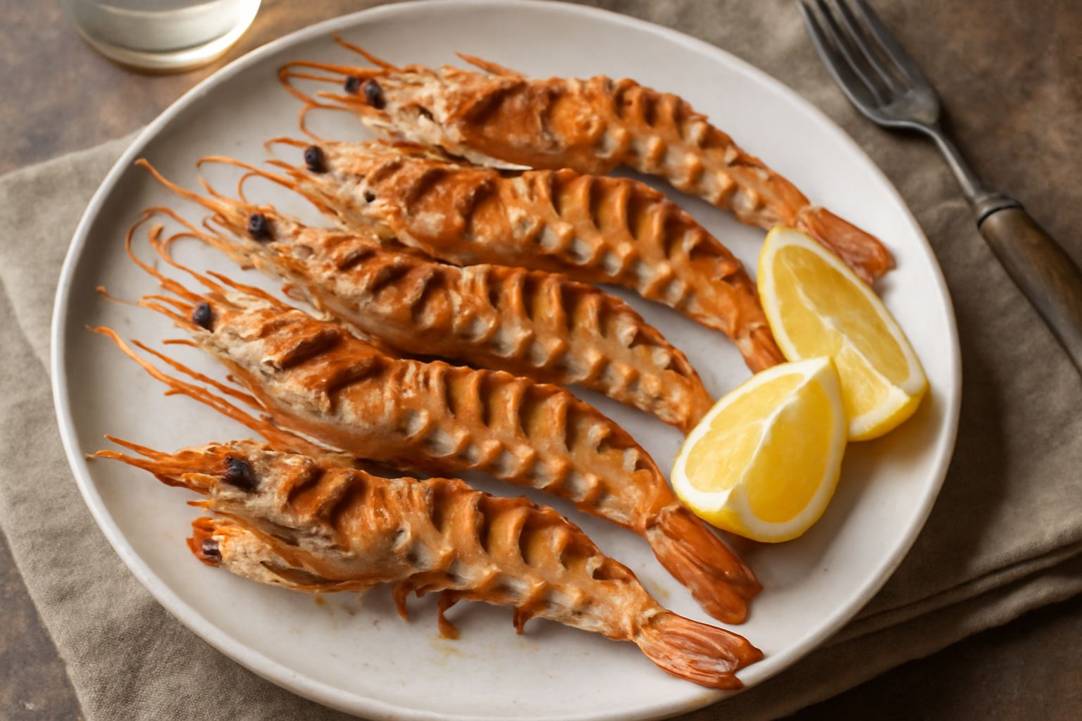 Scampi grigliati disposti su un piatto bianco con rosmarino e fette di limone giallo, la polpa rosata visibile nel taglio, segni di griglia paralleli sulla superficie caramellata