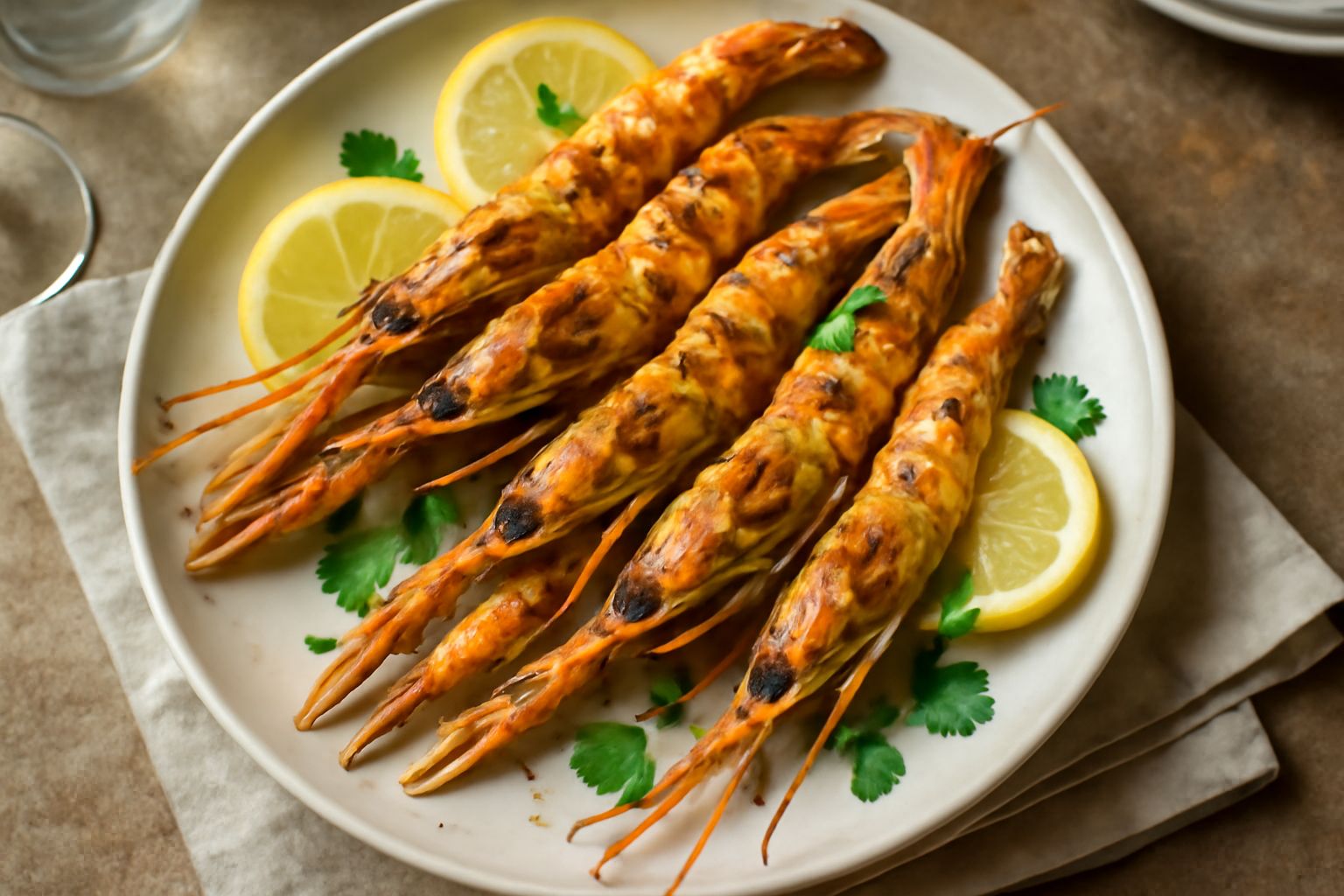 Scampi rosa e dorati appena tolti dalla piastra, adagiati in un piatto bianco con fette di limone fresco, prezzemolo verde e gocce di olio d'oliva