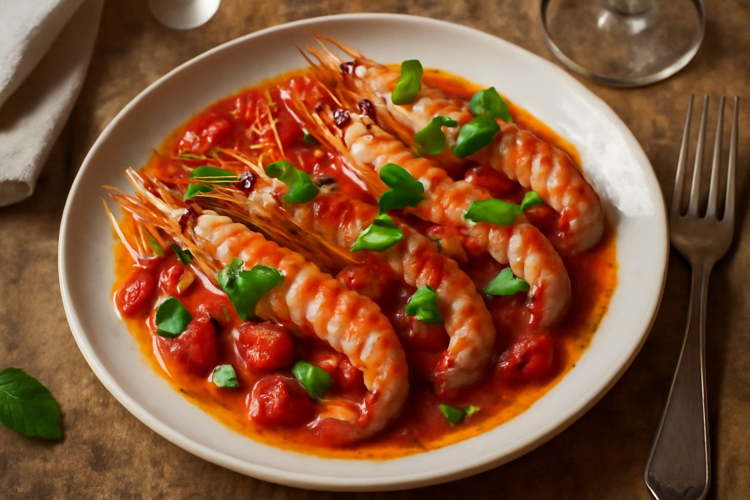Scampi rosati e succosi in un piatto bianco con salsa di pomodorini rossi brillanti, foglie di basilico fresco verde e prezzemolo, gocce d'olio d'oliva dorato, fondo di pomodori freschi e aglio taglia