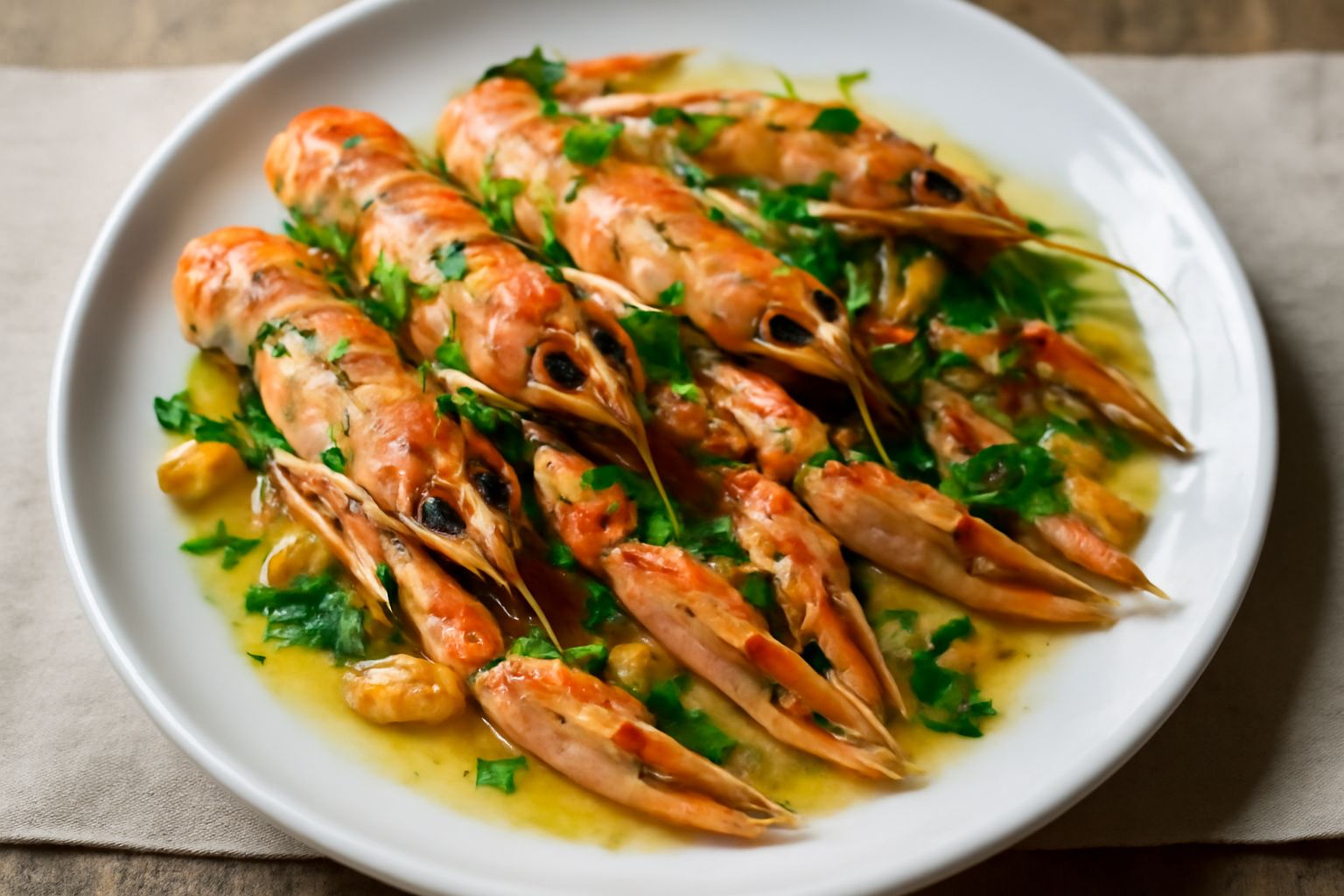 Scampi rosati e brillanti in una padella di ferro nera con aglio dorato e prezzemolo verde, vapore leggero che sale dai frutti di mare, fondo scuro e opaco