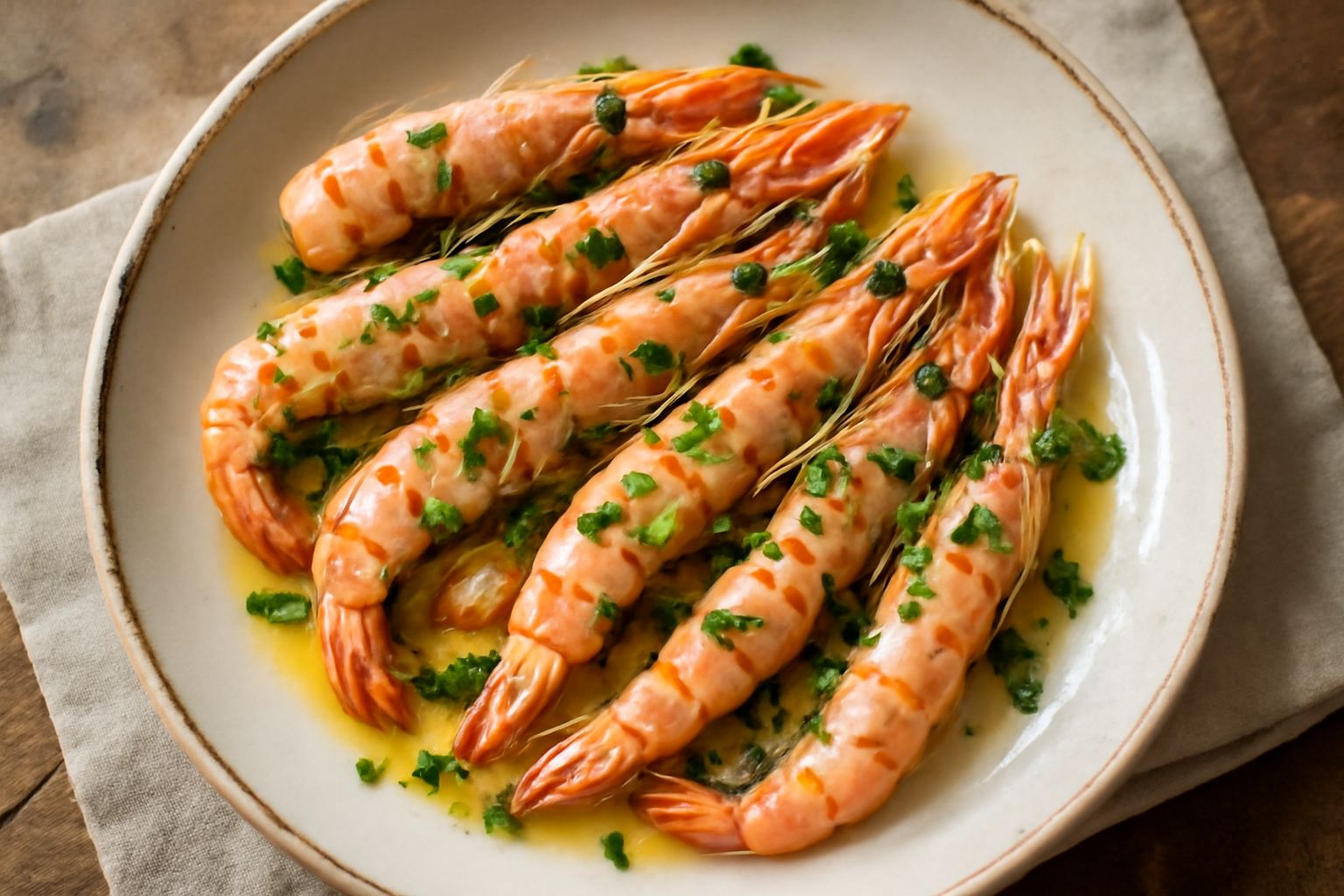 Scampi alla veneziana in bianco appena cotti, dorati e brillanti di olio, con aglio affettato visibile e prezzemolo fresco, disposti in un piatto bianco con contorno di limone