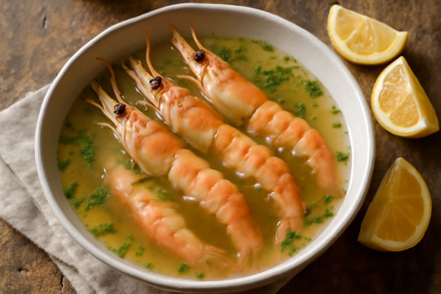 Scampi rosa e bianchi cotti in un brodo translucido, guarniti con foglie di prezzemolo fresco e spicchi di limone, impiattati in una ciotola bianca con il brodo fumante