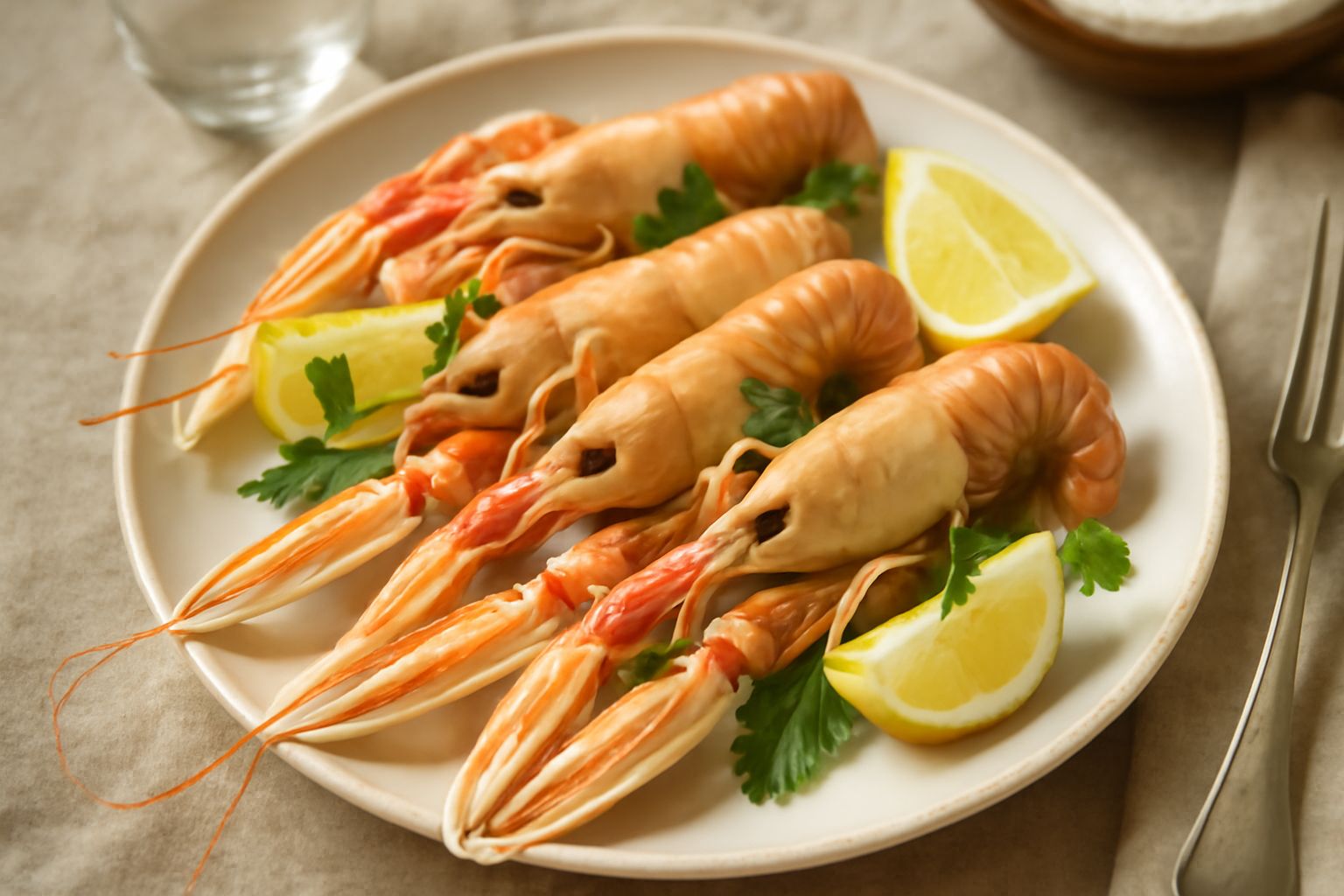 Scampi arancioni rosati disposti in ciotola con limone fresco affettato, prezzemolo verde e gocce d'acqua di condensa