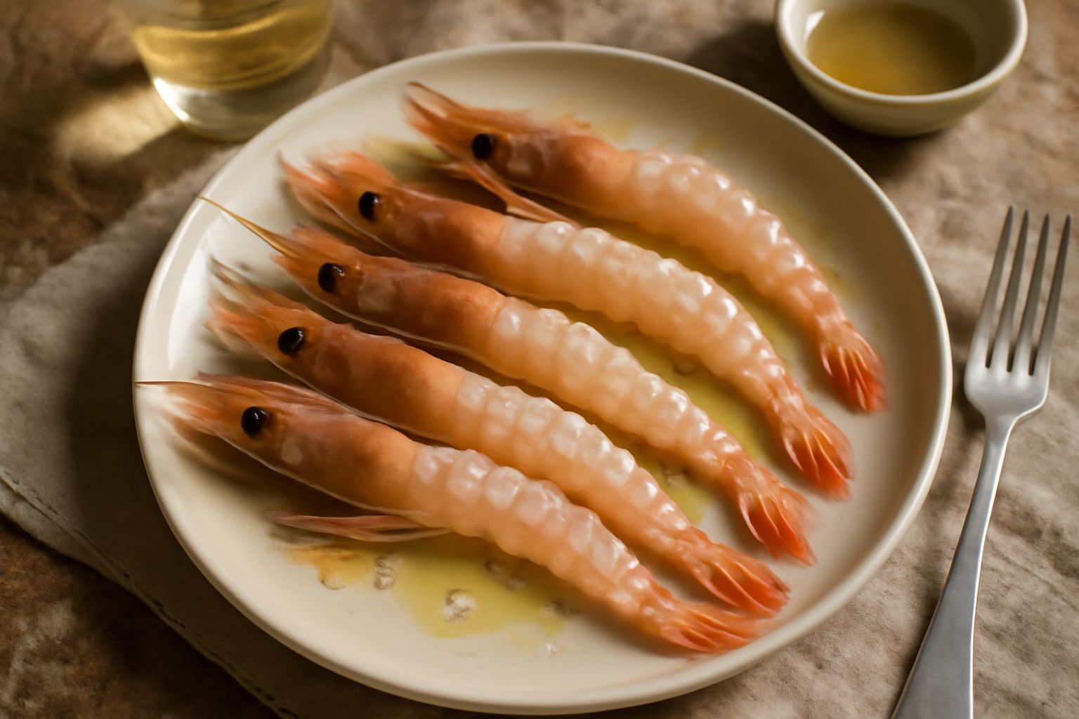Scampi crudi affettati sottilmente disposti a ventaglio su un piatto bianco con gocce di olio extravergine e foglie di limone fresco