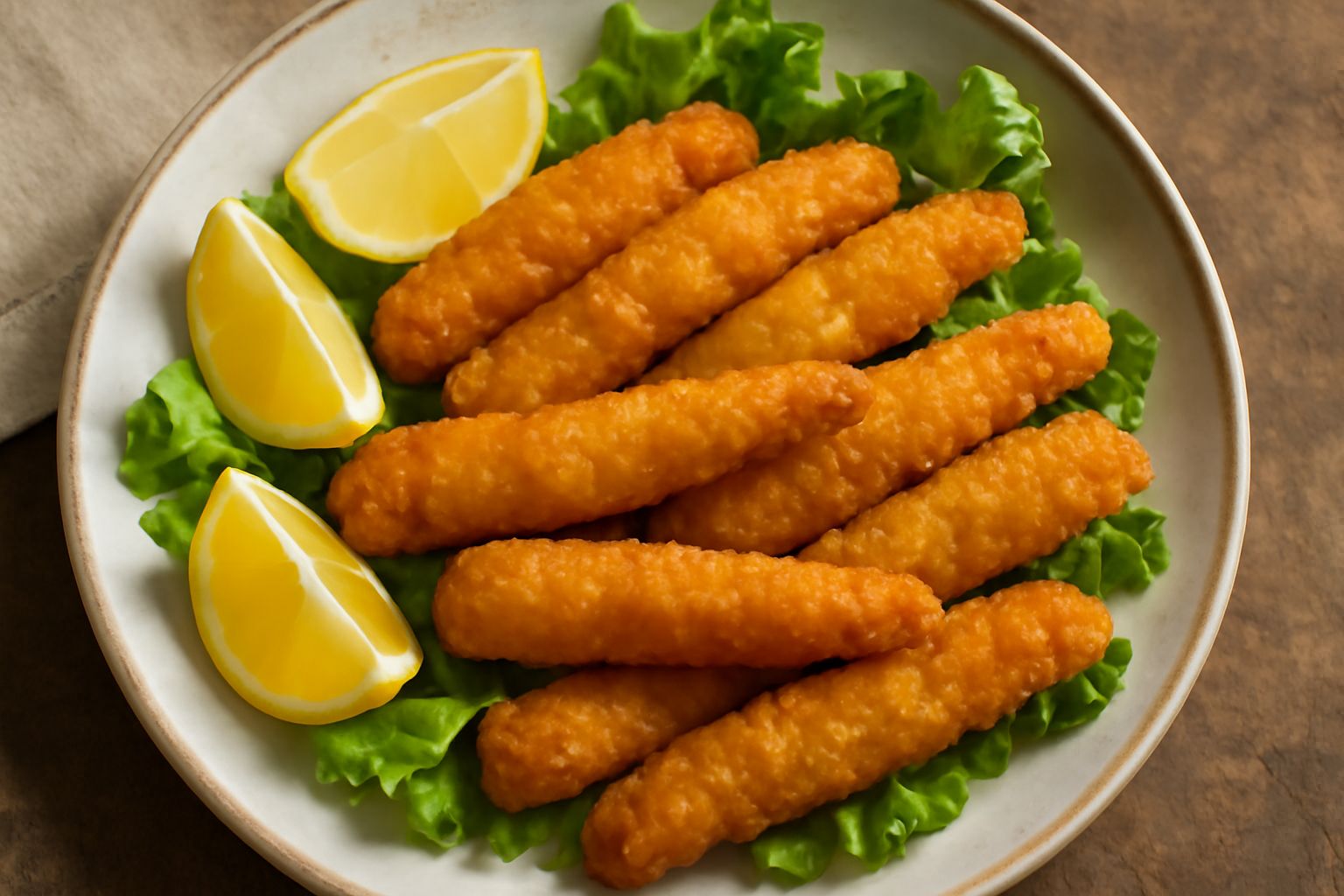 Scampi fritti dorati e croccanti disposti su piatto bianco con limone tagliato a spicchi, serviti tiepidi con contorno di insalata verde