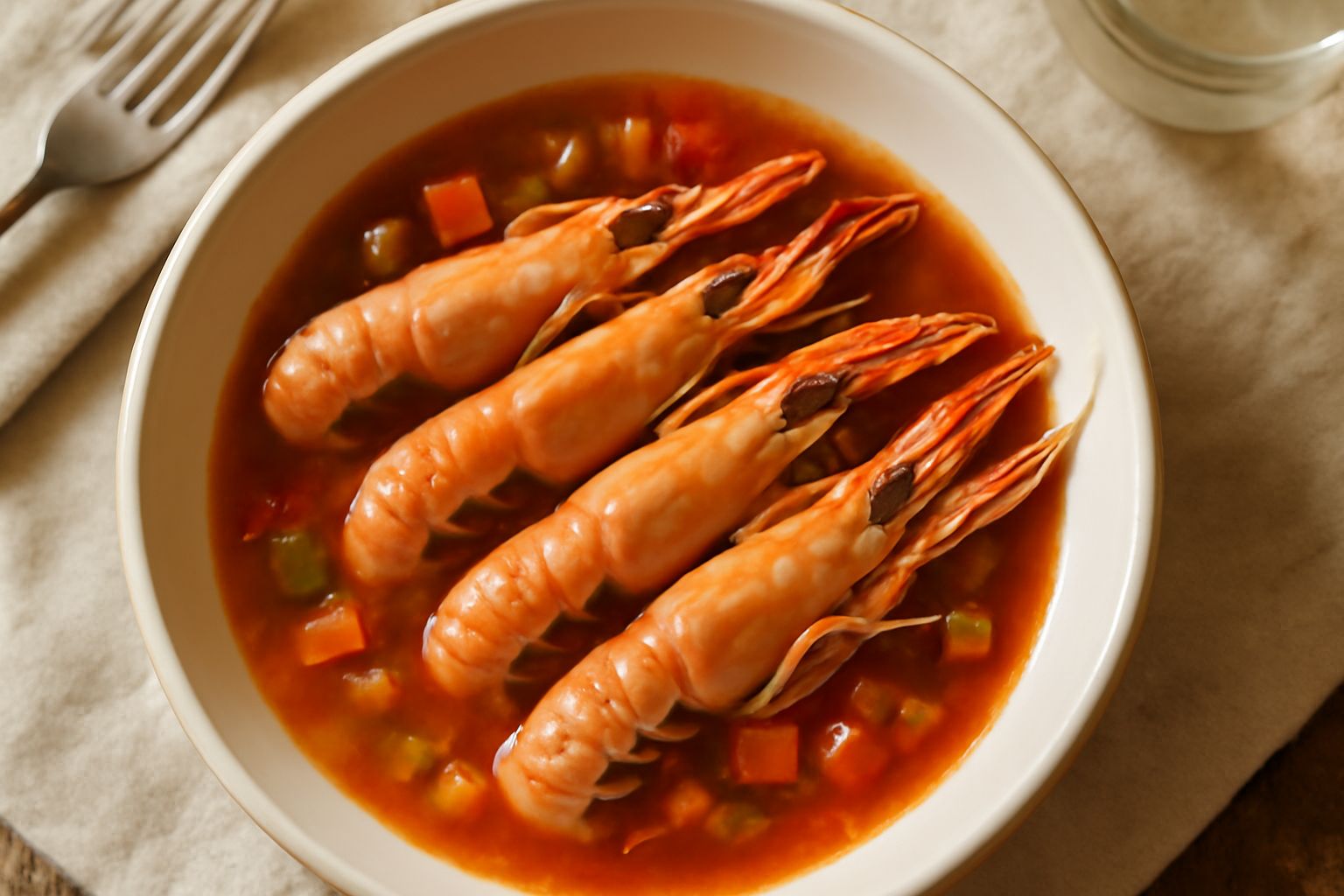 Piatto di ceramica bianca con scampi rosa e dorati immersi in brodo ambrato con pomodoro, accompagnati da sedano e prezzemolo fresco, con fette di pane tostato a lato