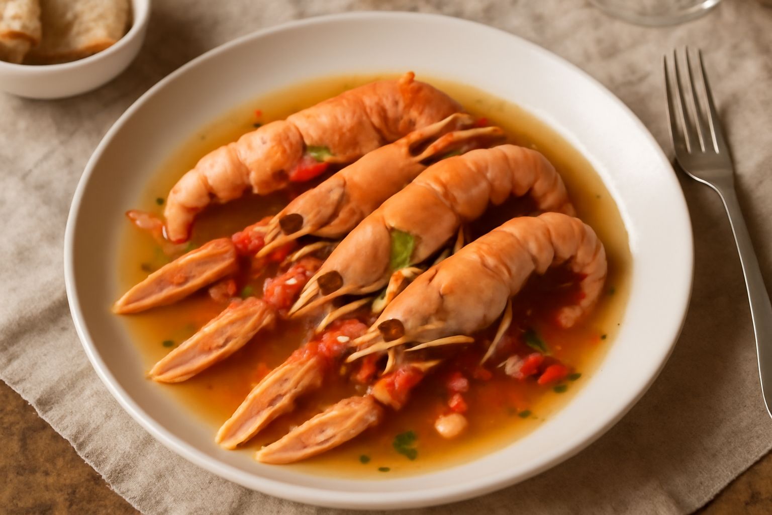 Scampi rosa e bianchi in un brodo dorato con aglio e pomodorini, serviti in una ciotola di ceramica bianca con fette di pane tostato accanto