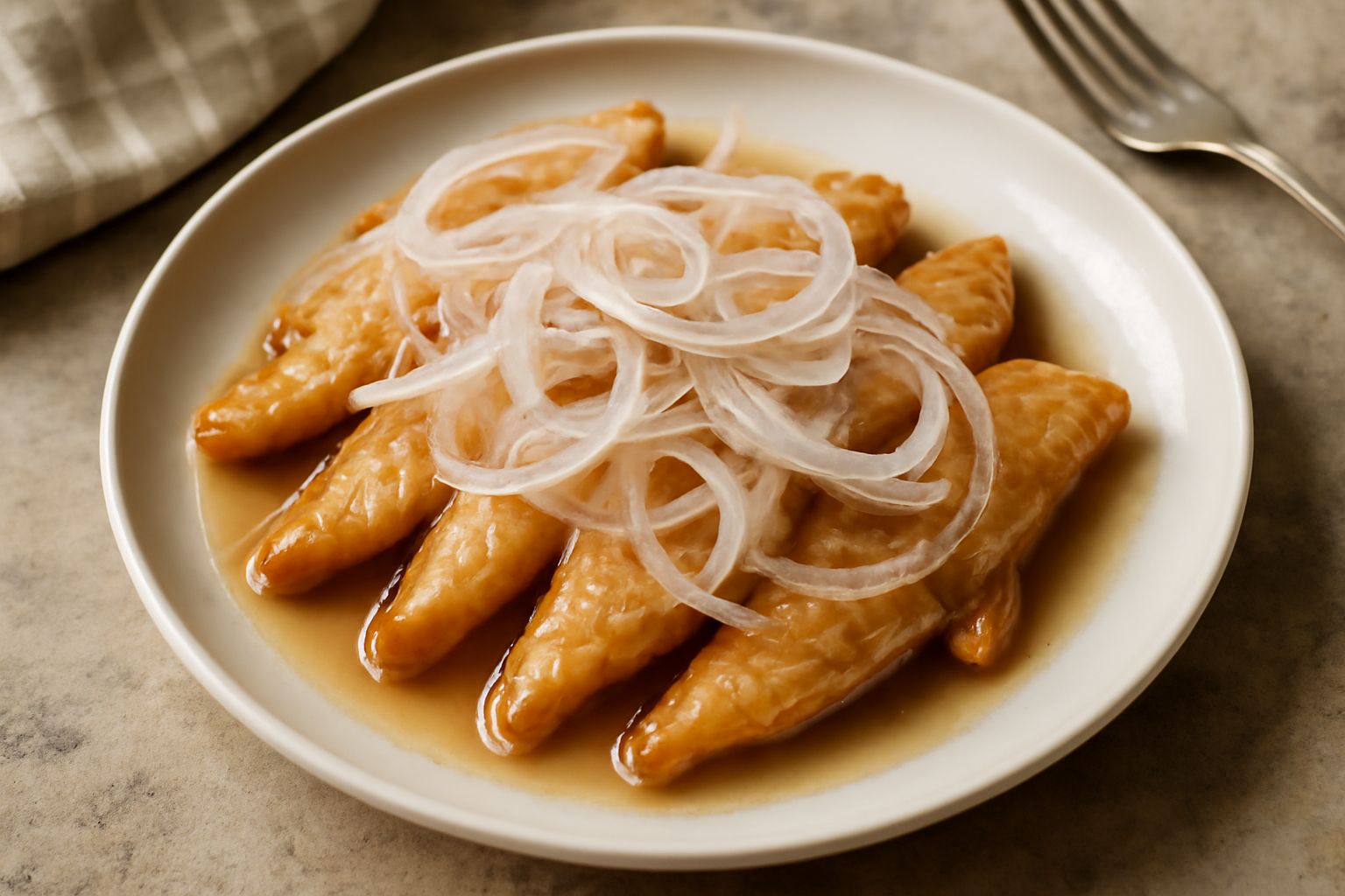 Scapece in piatto bianco: filetti di pesce fritto dorati e croccanti ricoperti di cipolla sottile affettata e glassa agrodolce trasparente, con spezie scure visibili, e salsa marrone al fondo
