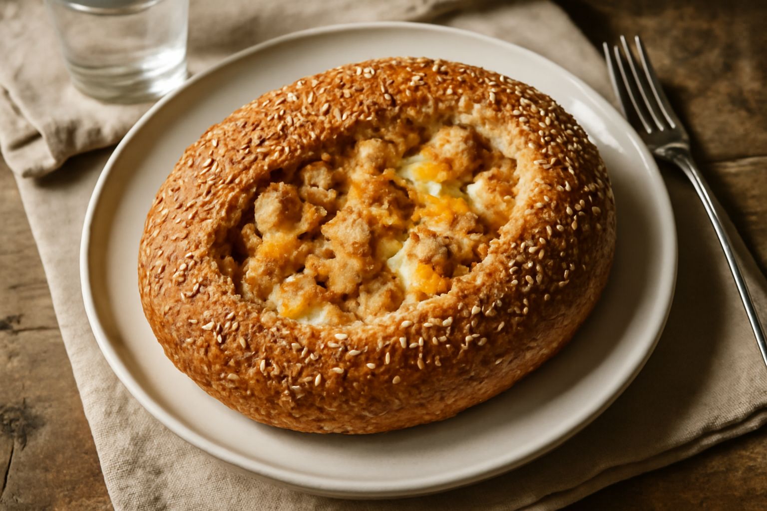 Scarcella di avanzi dorata e croccante in sezione, mostra l'interno morbido con frammenti di pane e formaggio fuso, guarnita con sesamo o semi, servita in piatto bianco.