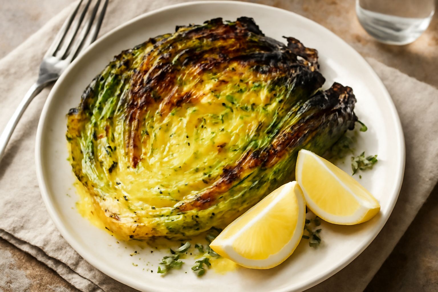 Scardola al forno dorata in una pirofila bianca, le foglie esterne croccanti e leggermente carbonizzate ai margini, condita con olio lucido e spicchi di limone fresco