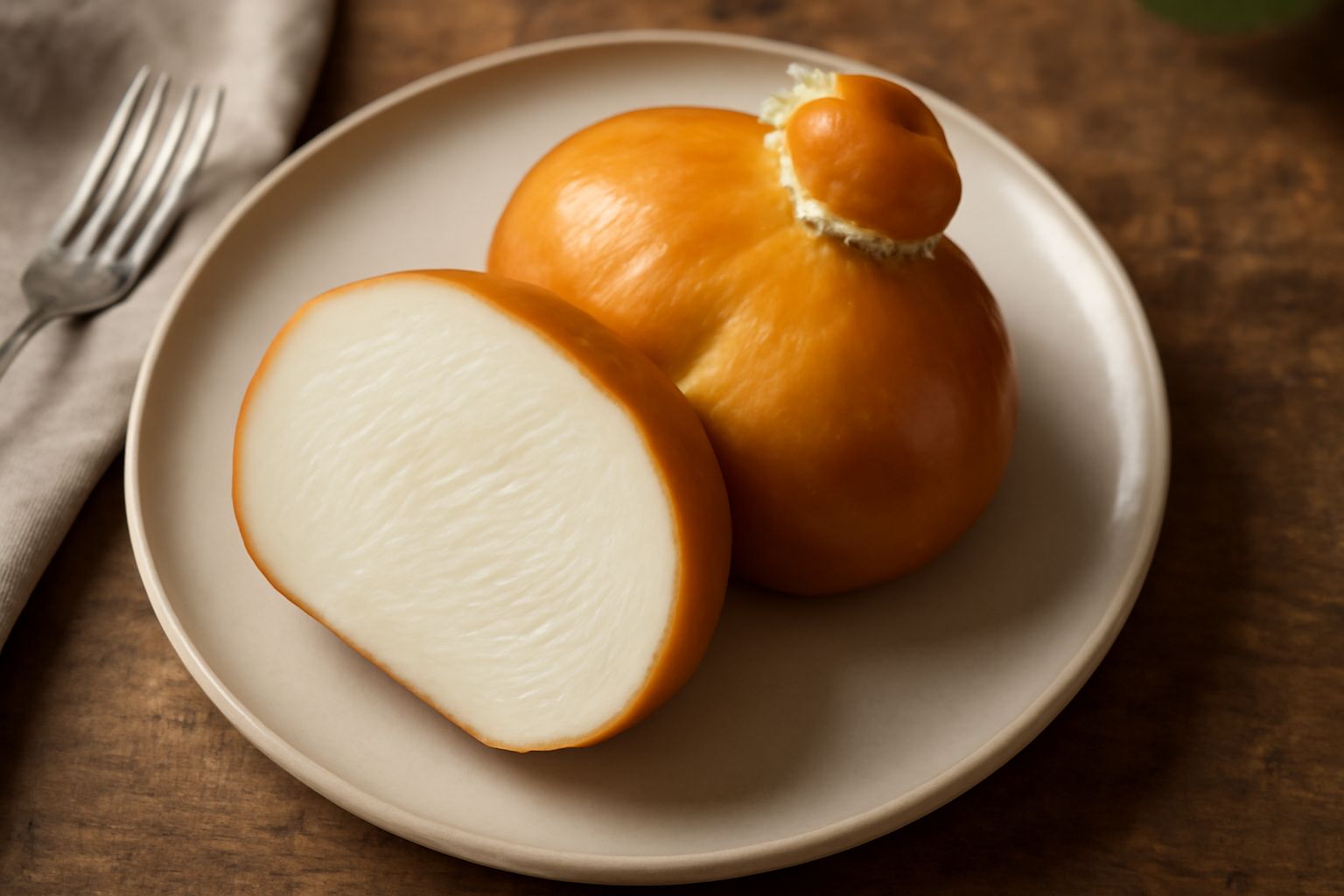 Scarmozza appena formata, liscia e di colore bianco crema con leggere venature gialle, poggiata su un piatto bianco accanto a pomodori rossi e basilico fresco