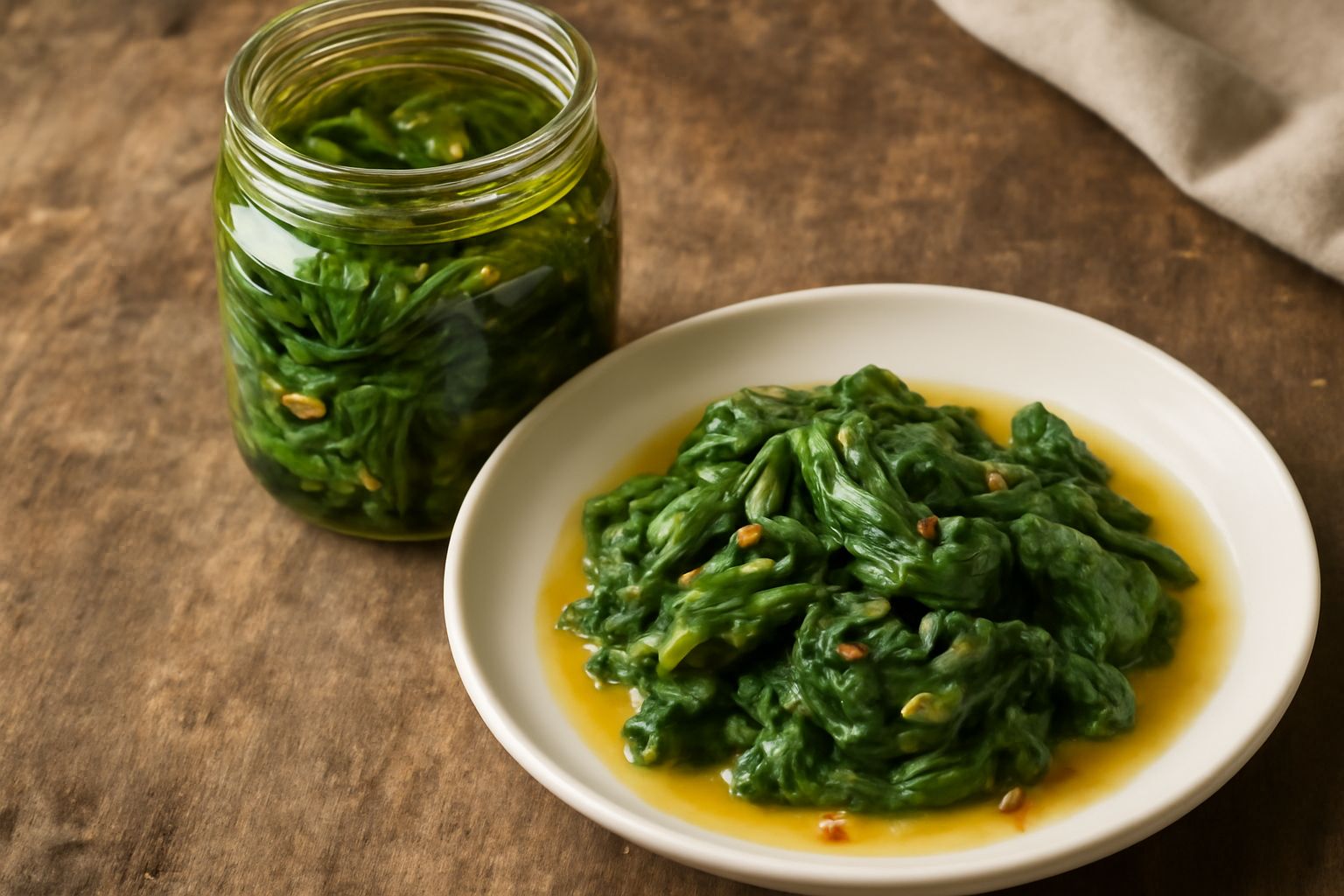Barattolo di vetro trasparente con scarola verde intenso conservata sott'olio dorato, spicchi d'aglio visibili tra le foglie, tappo ermetico, fotografato in luce naturale con sfondo neutro
