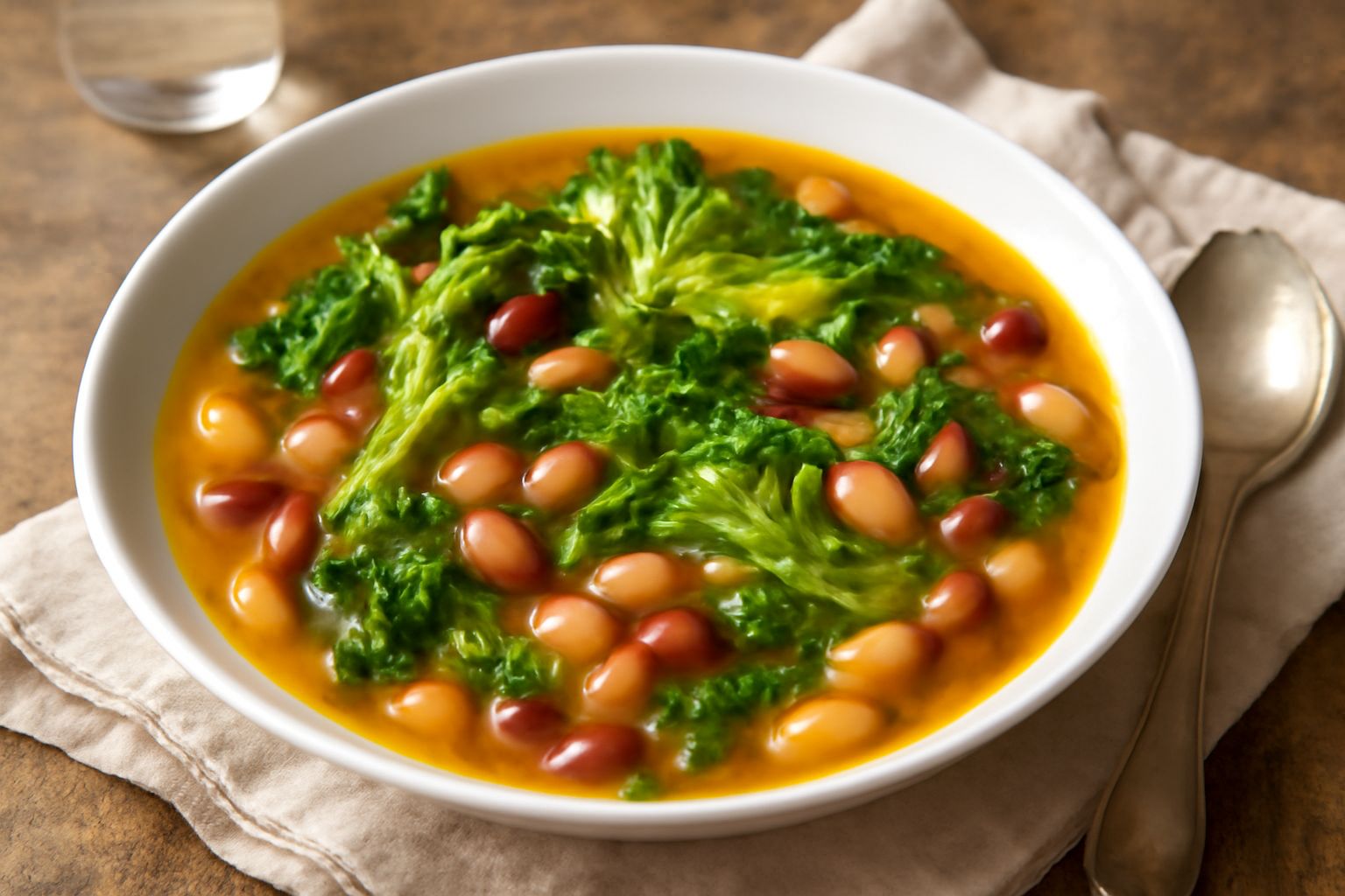 Scarola e fagioli in una ciotola di terracotta, con il rosso vivido dei fagioli che emerge dalla verdura verde chiaro, olio d'oliva lucido in superficie, pane tostato su un lato del piatto