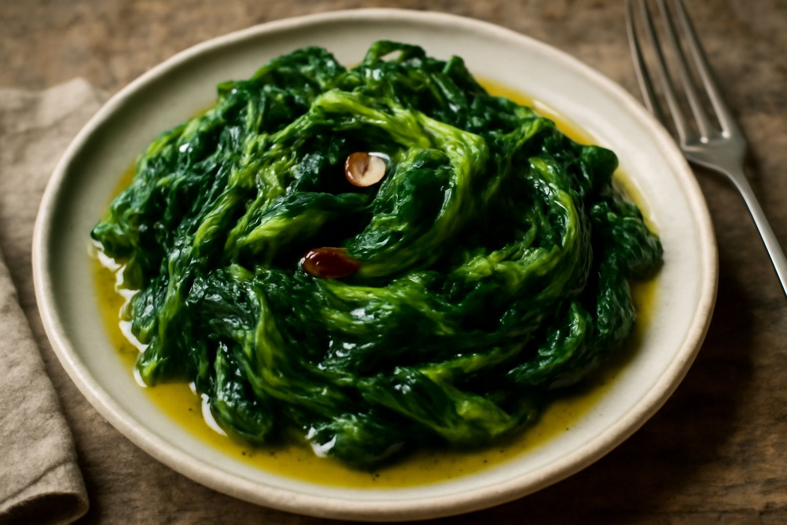 Scarola cotta in umido in un piatto bianco, foglie verde intenso, lucide di olio, con spicchi d'aglio e peperoncino rosso, servita ancora fumante